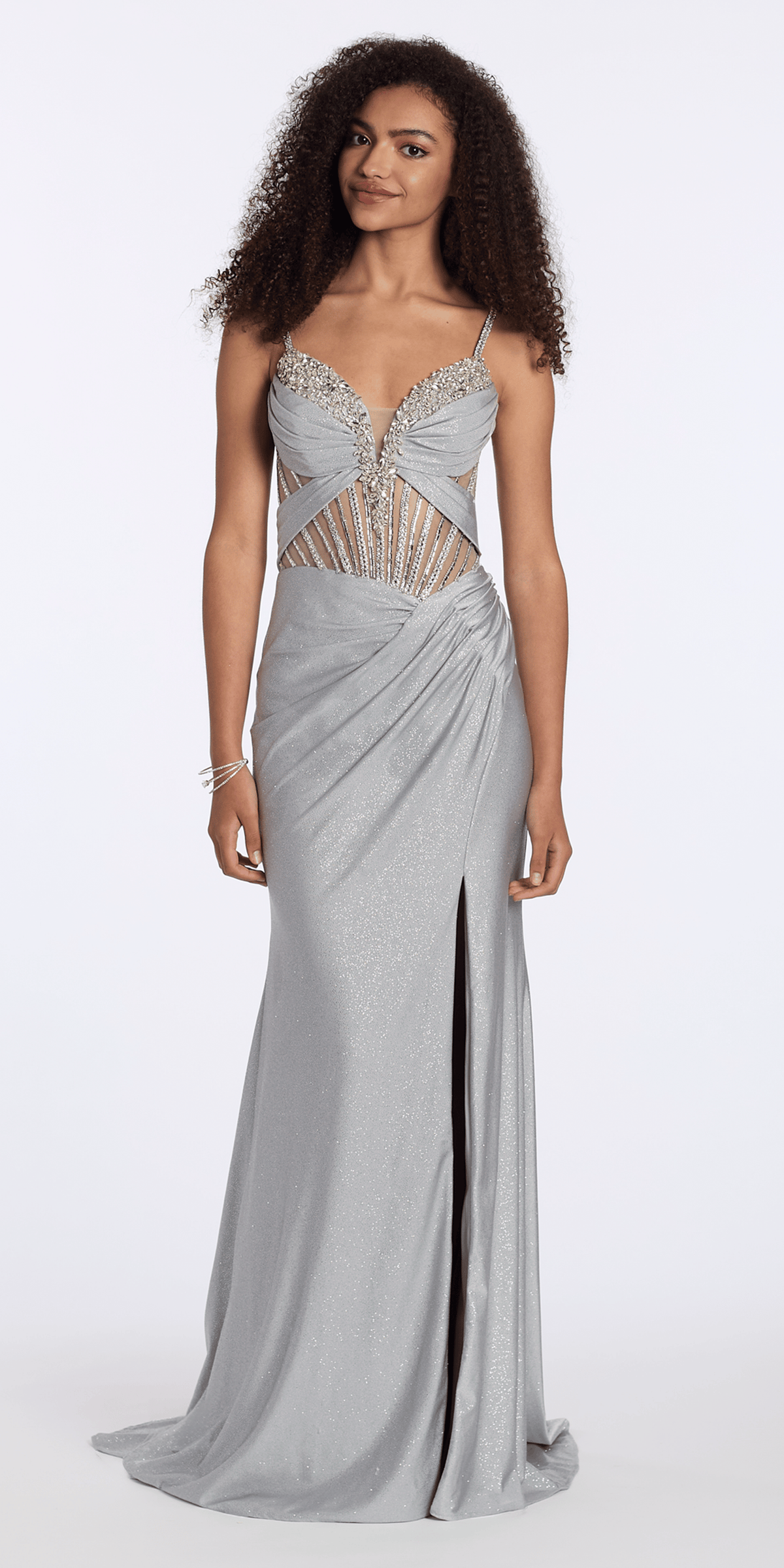 silver/size/2/missy/Camille La Vie/Sweetheart Glitter Knit Rhinestone Corset Column Dress with Side Slit/front alt