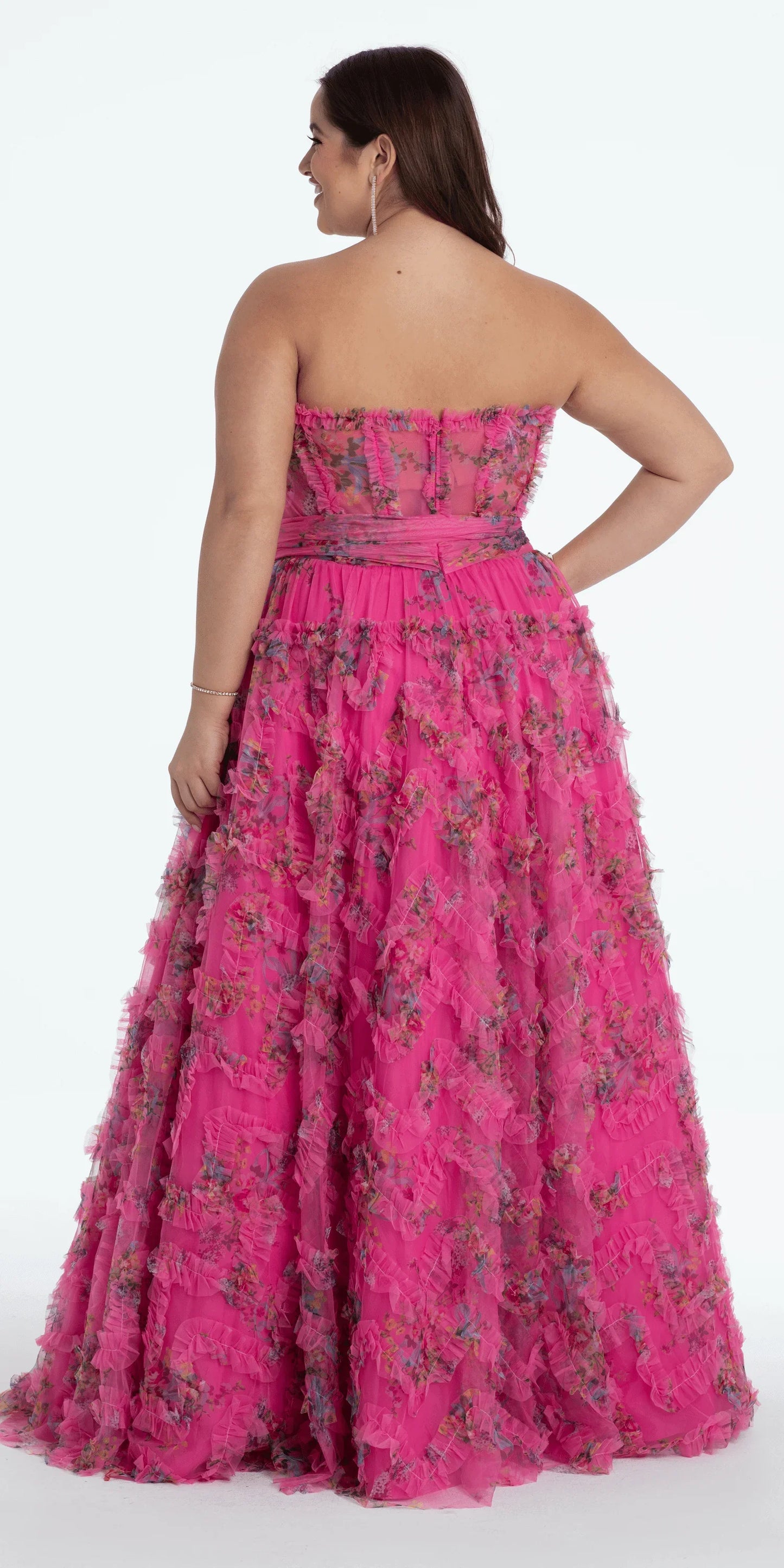 pink/size/14/plus/ Camille La Vie/ Floral Tulle Corset Ballgown with Waist Tie/back
