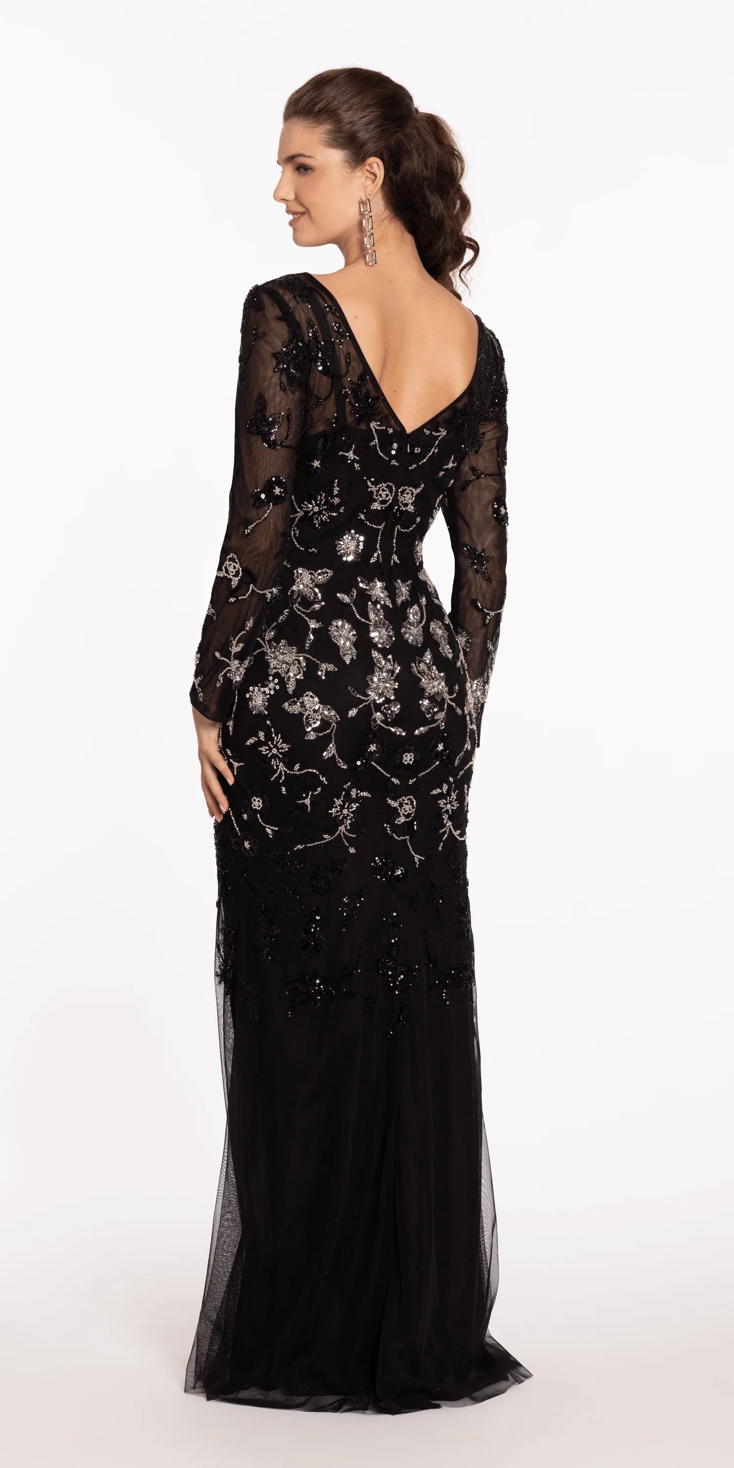 black-silver/size/4/missy/Camille La Vie/Mesh Long Sleeve Boatneck Column Dress with Beading/back