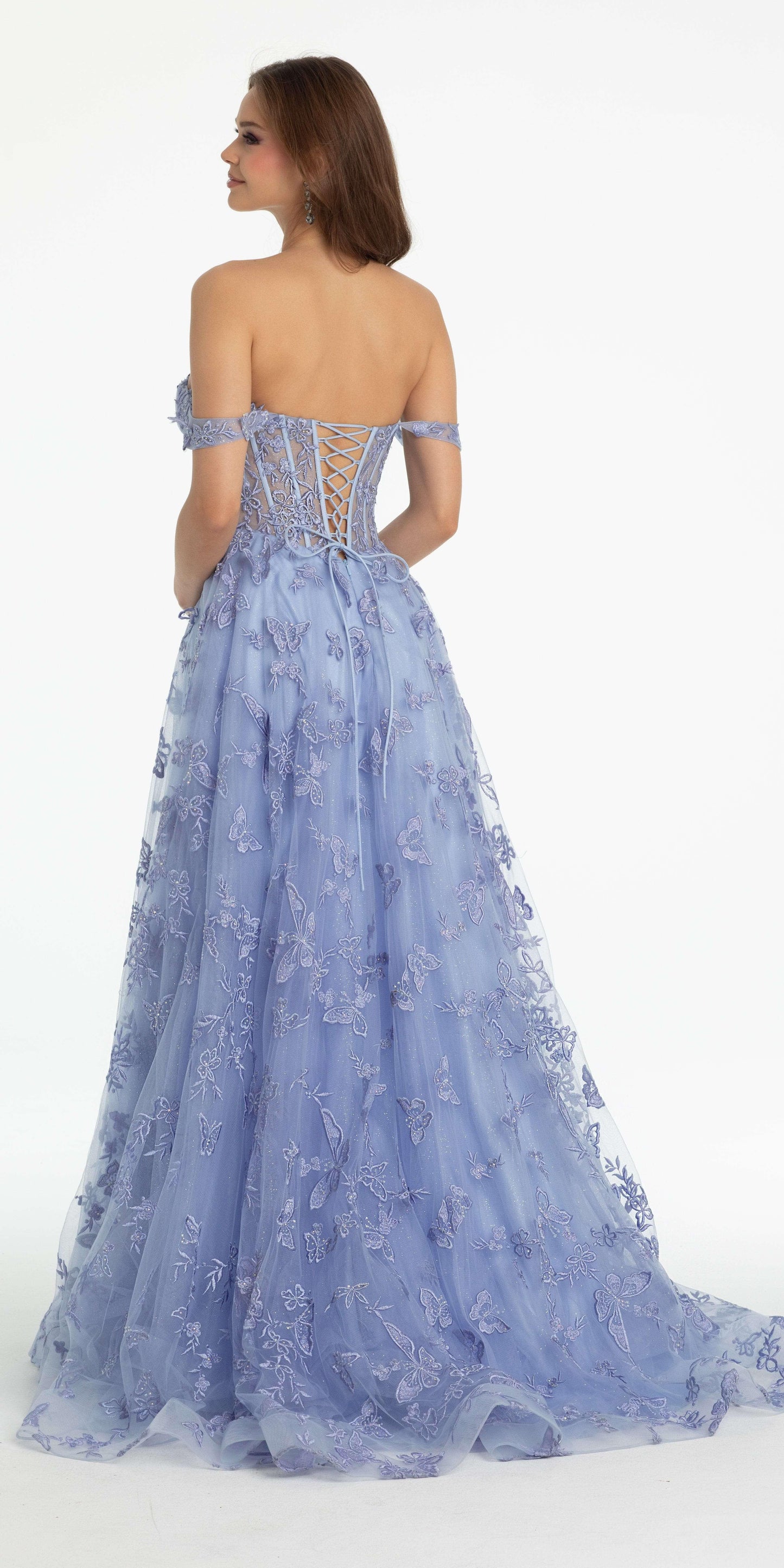 Off the Shoulder Butterfly Embroidered Tulle Lace Up Back Ballgown - Camille La Vie
