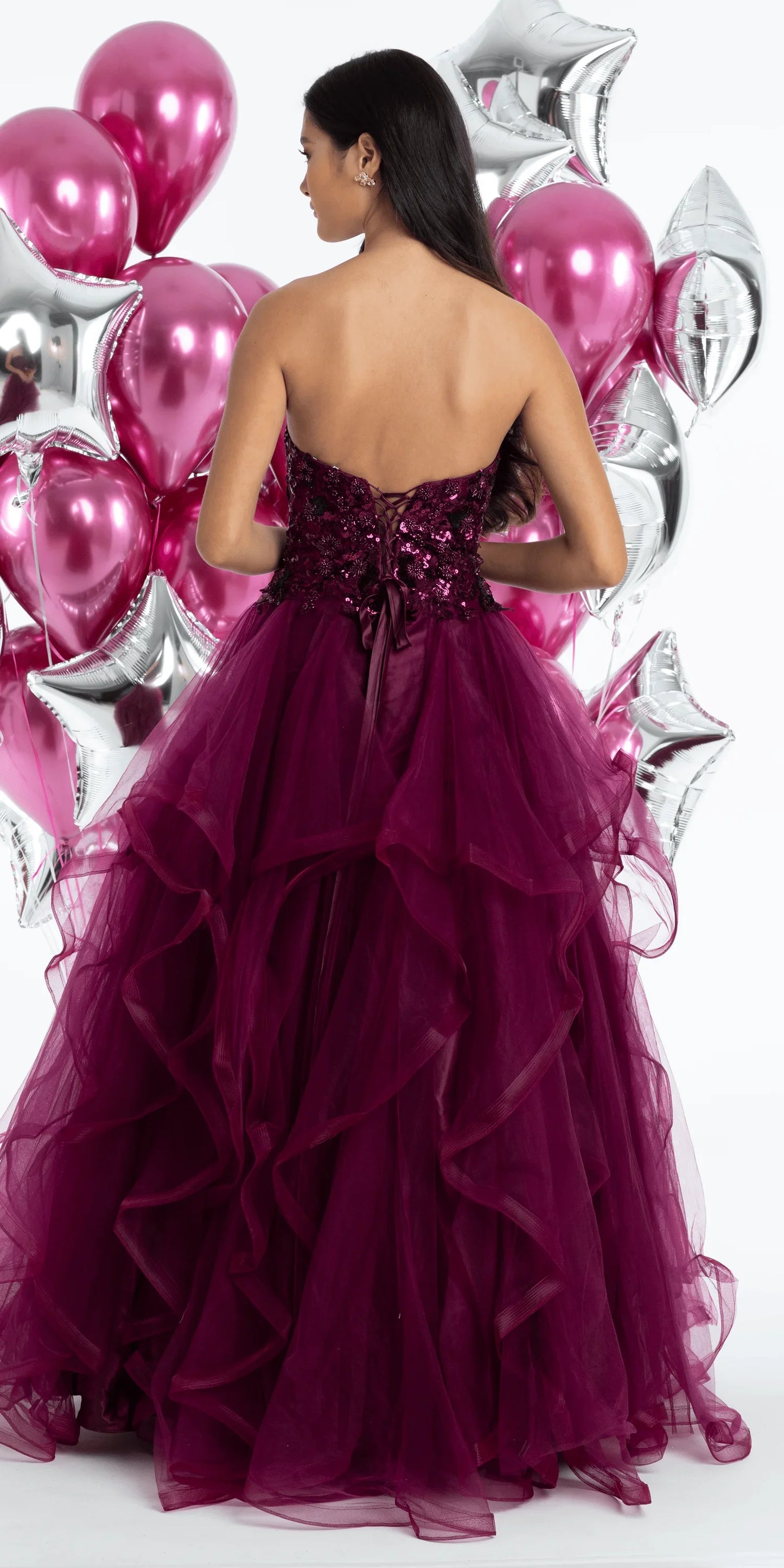 plum/size/4/Camille La Vie/Tulle Sweetheart Floral Sequin Tiered Ballgown/back