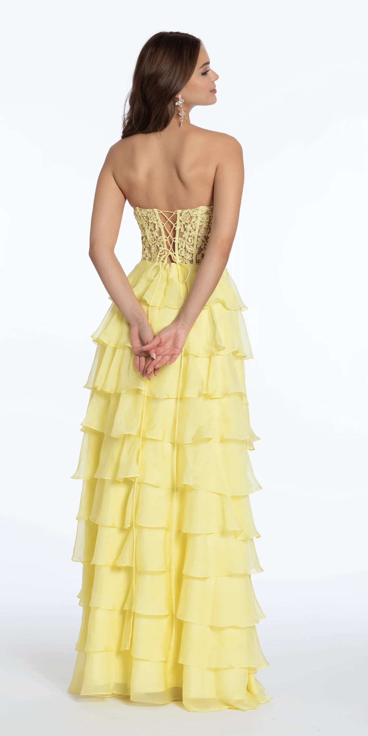 yellow/size/4/missy/Camille La Vie/Embroidered Strapless Chiffon Tiered Corset Ballgowm/back