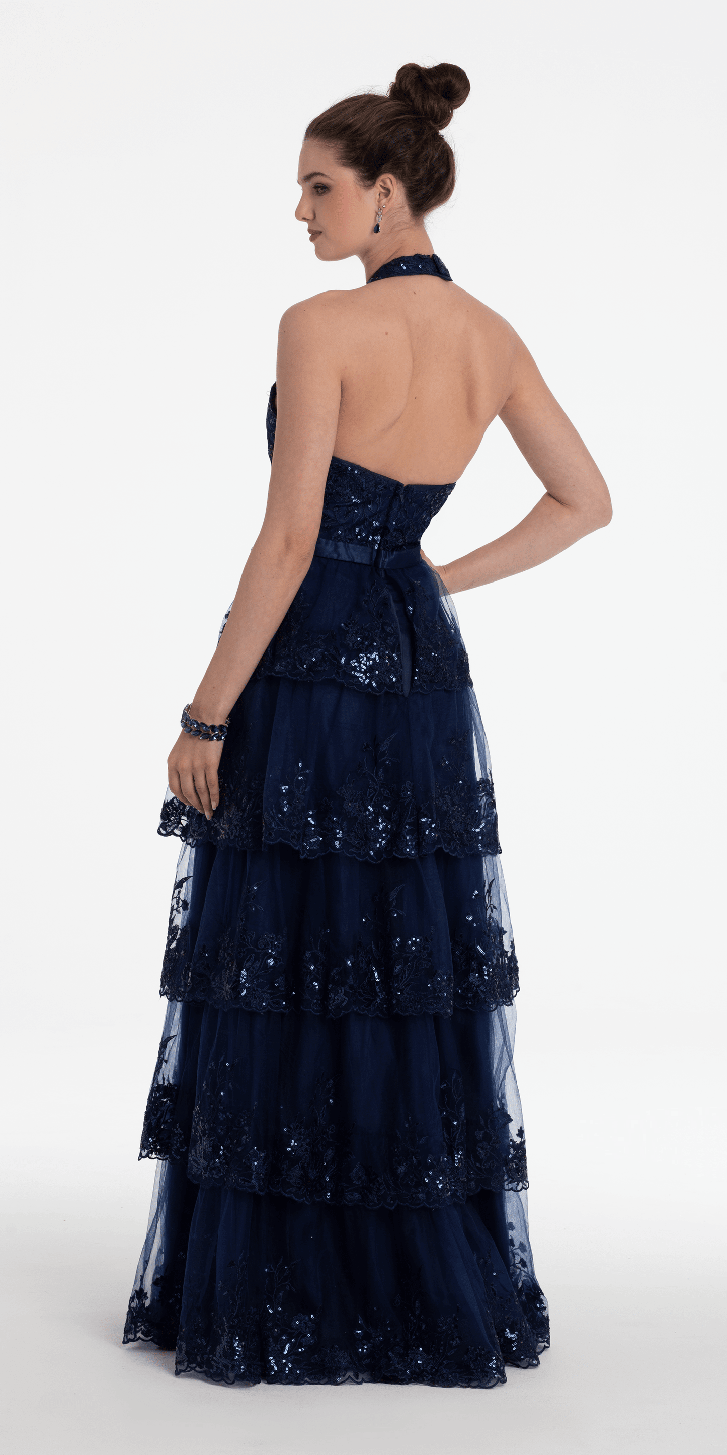 Mesh Embroidered Tiered Halter A Line Dress - Camille La Vie