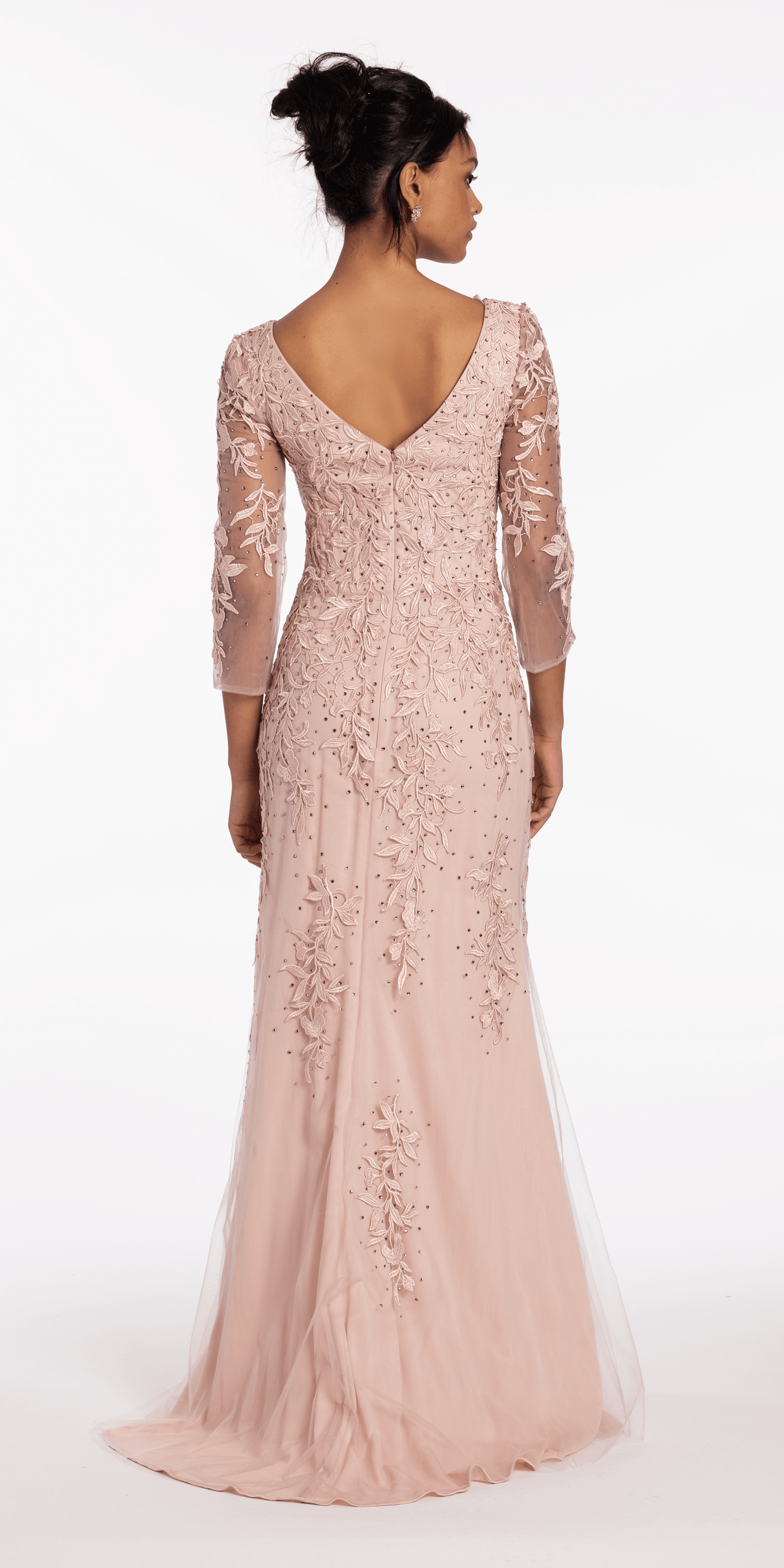 3/4 Sleeve Mesh Embroidered Column Dress with Heat Set Beads - Camille La Vie