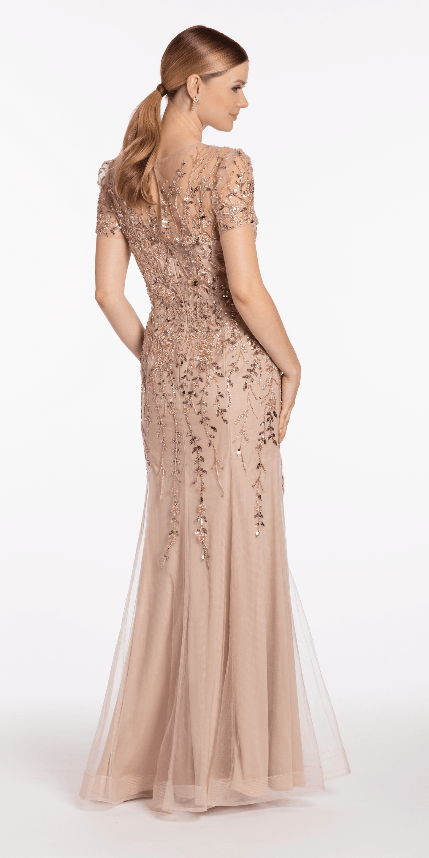 Jewel Neck Embellished Short Sleeve Mesh Trumpet Dress - Camille La Vie