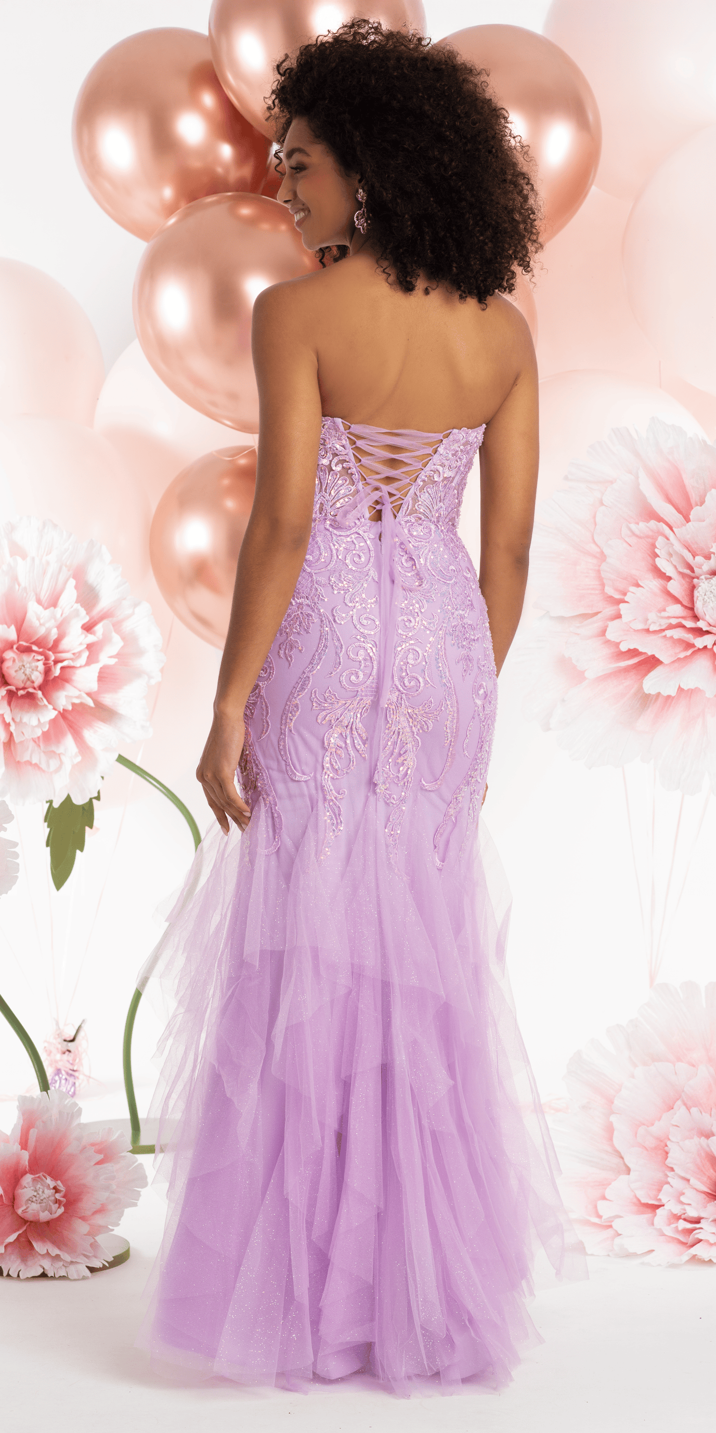 Embroidered Strapless Glitter Mesh Corset Mermaid Dress with Tendrils - Camille La Vie