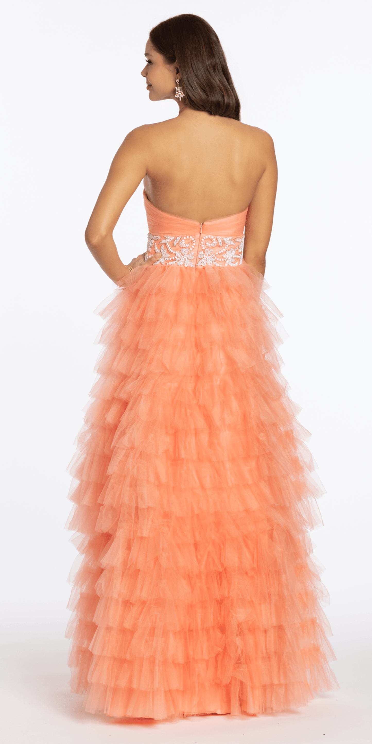 Strapless Tiered Mesh Ballgown with Keyhole and Beading - Camille La Vie