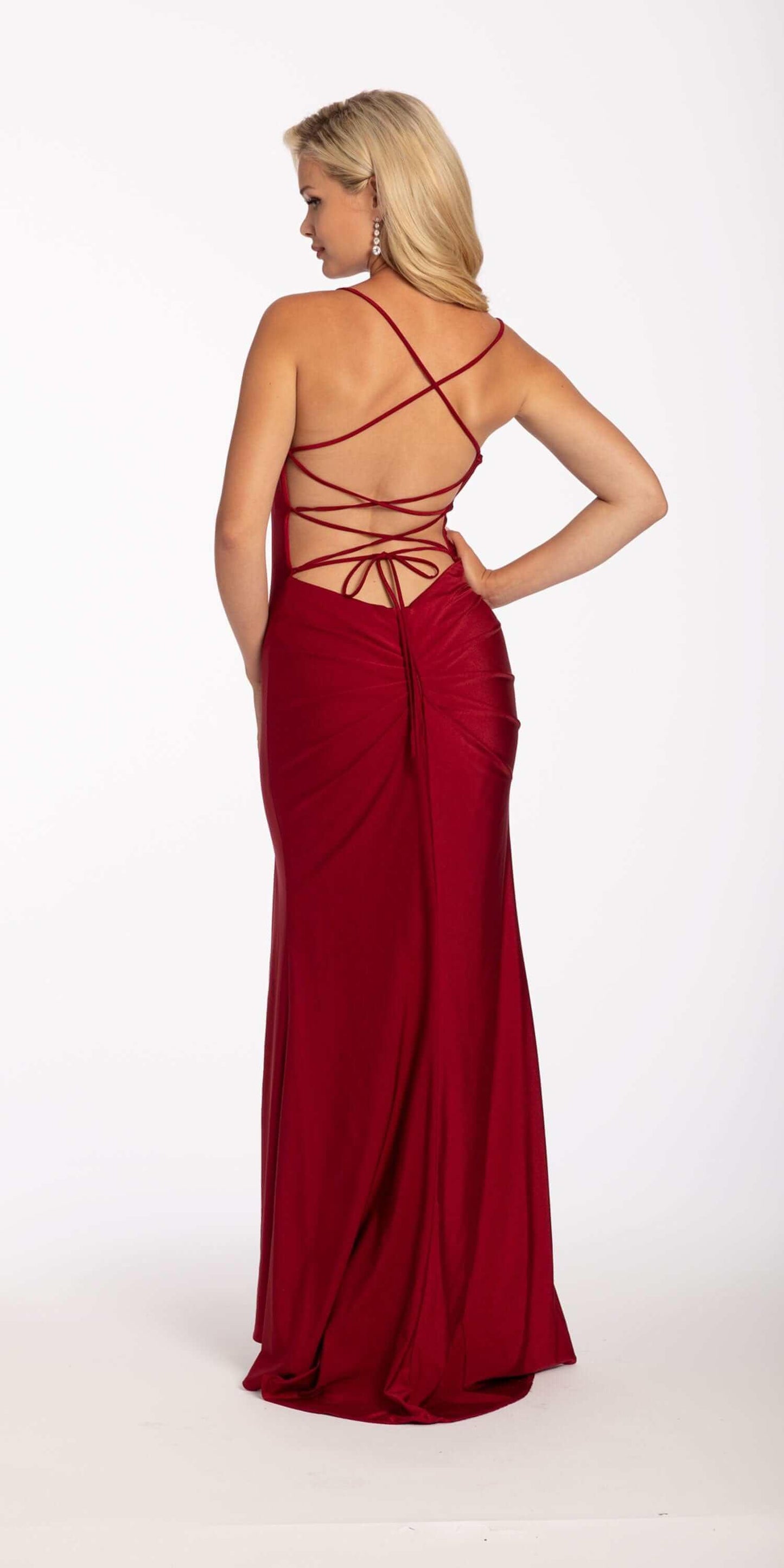wine/size/4/missy/ Camille La Vie/Stretch Satin Drape Front Tie Back Halter Dress/back