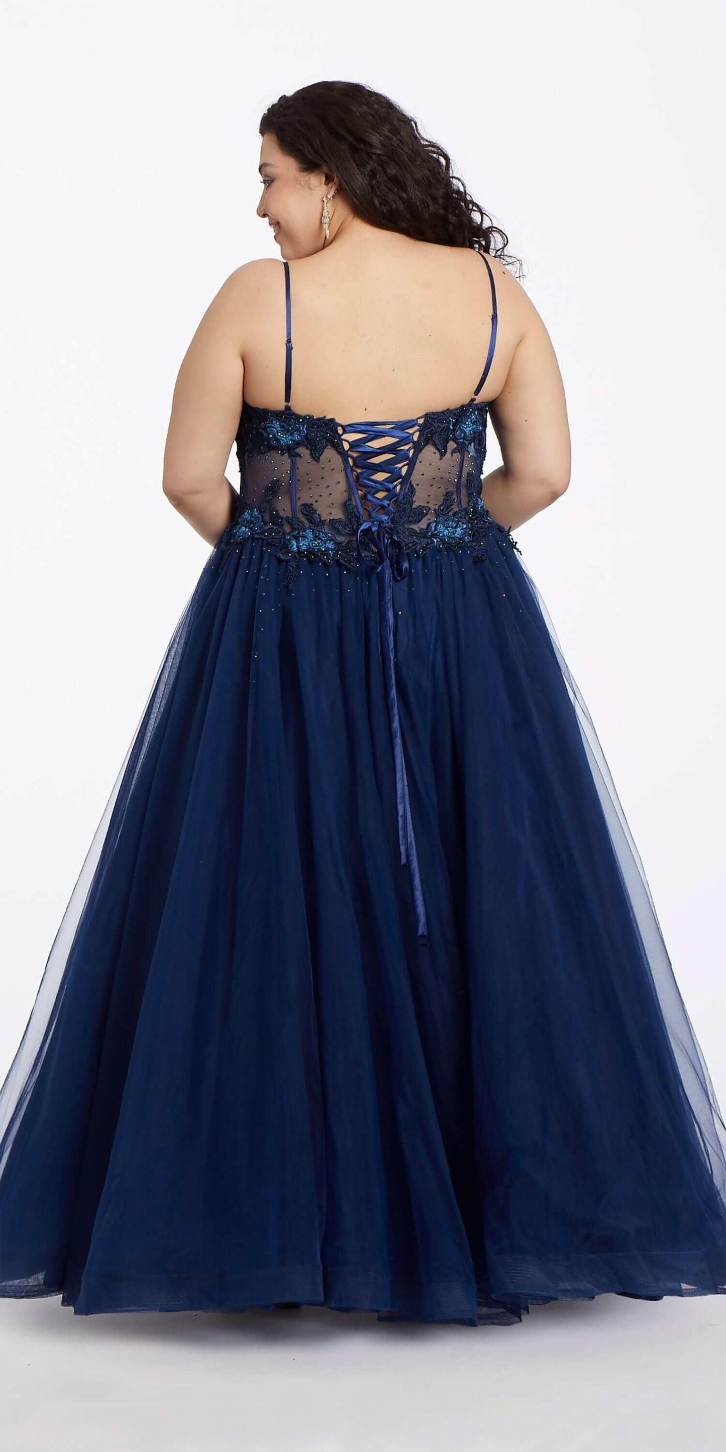 navy/size/14/plus/Camille La Vie/3D Flower Embroidered Corset Ballgown/back