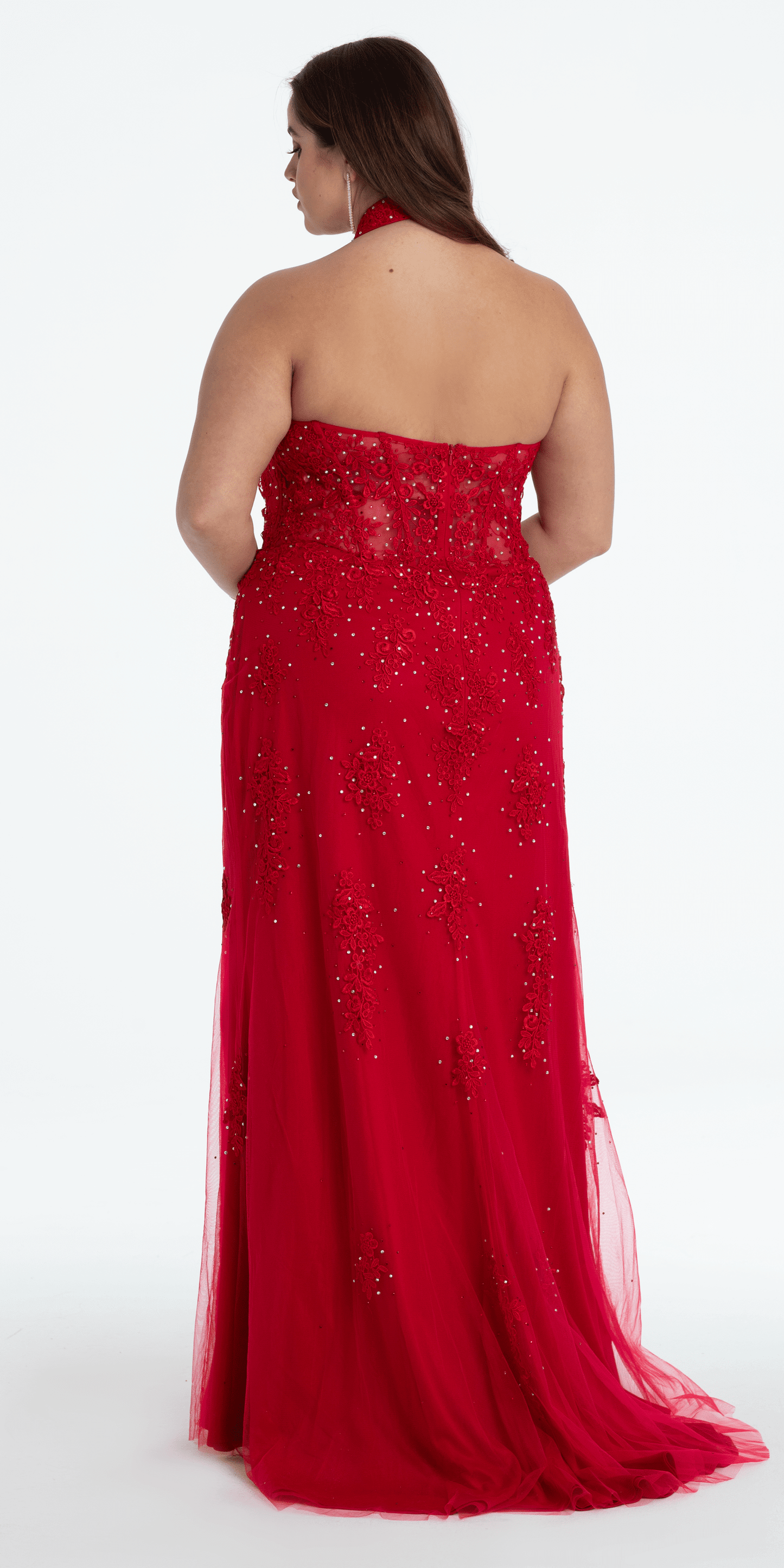Embroidered Plunging Corset Mesh Halter Dress - Camille La Vie