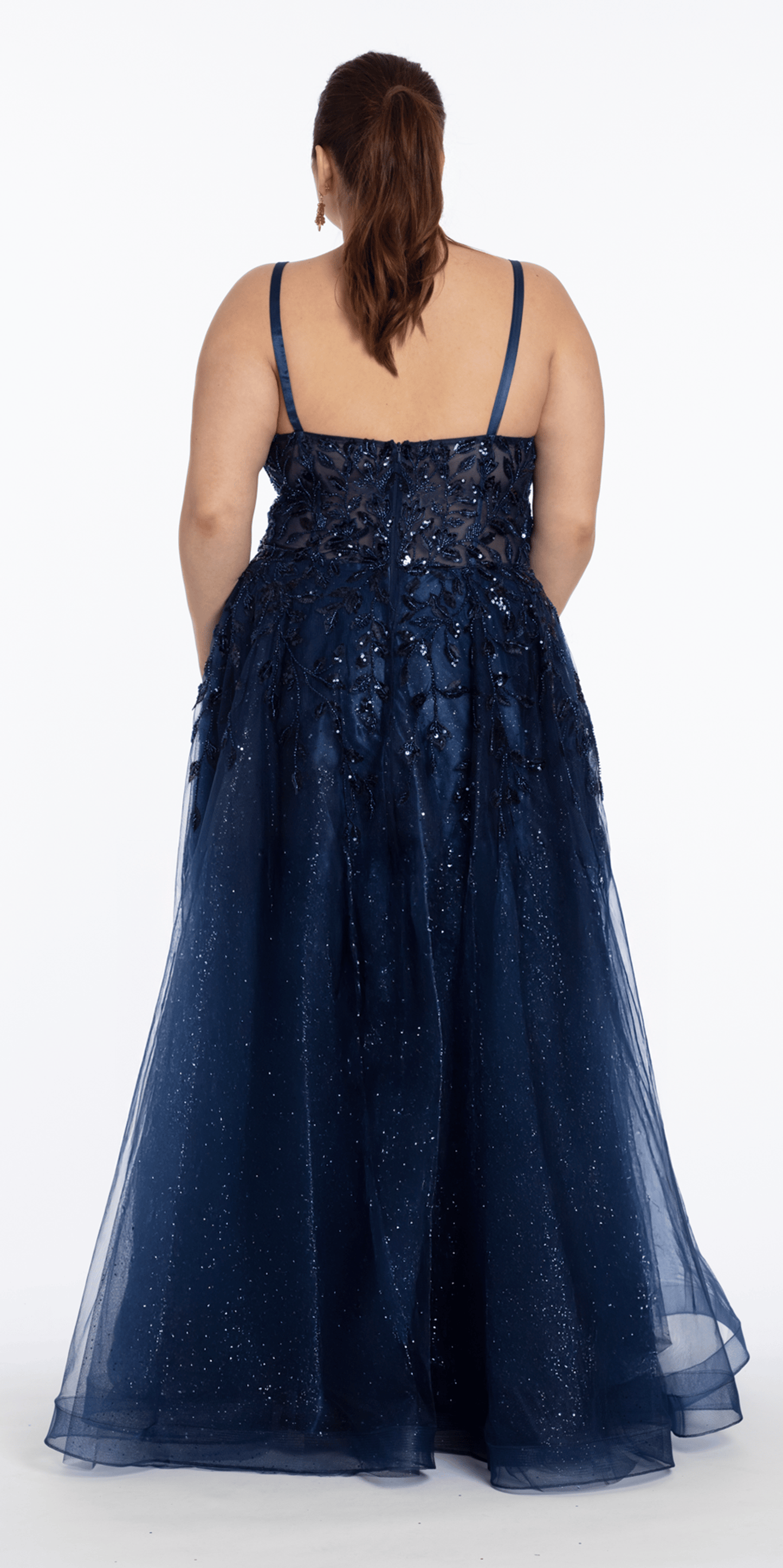 navy/size/14/Plus/Camille La Vie/Sequin Embellished Plunge Glitter Tulle Ballgown/back
