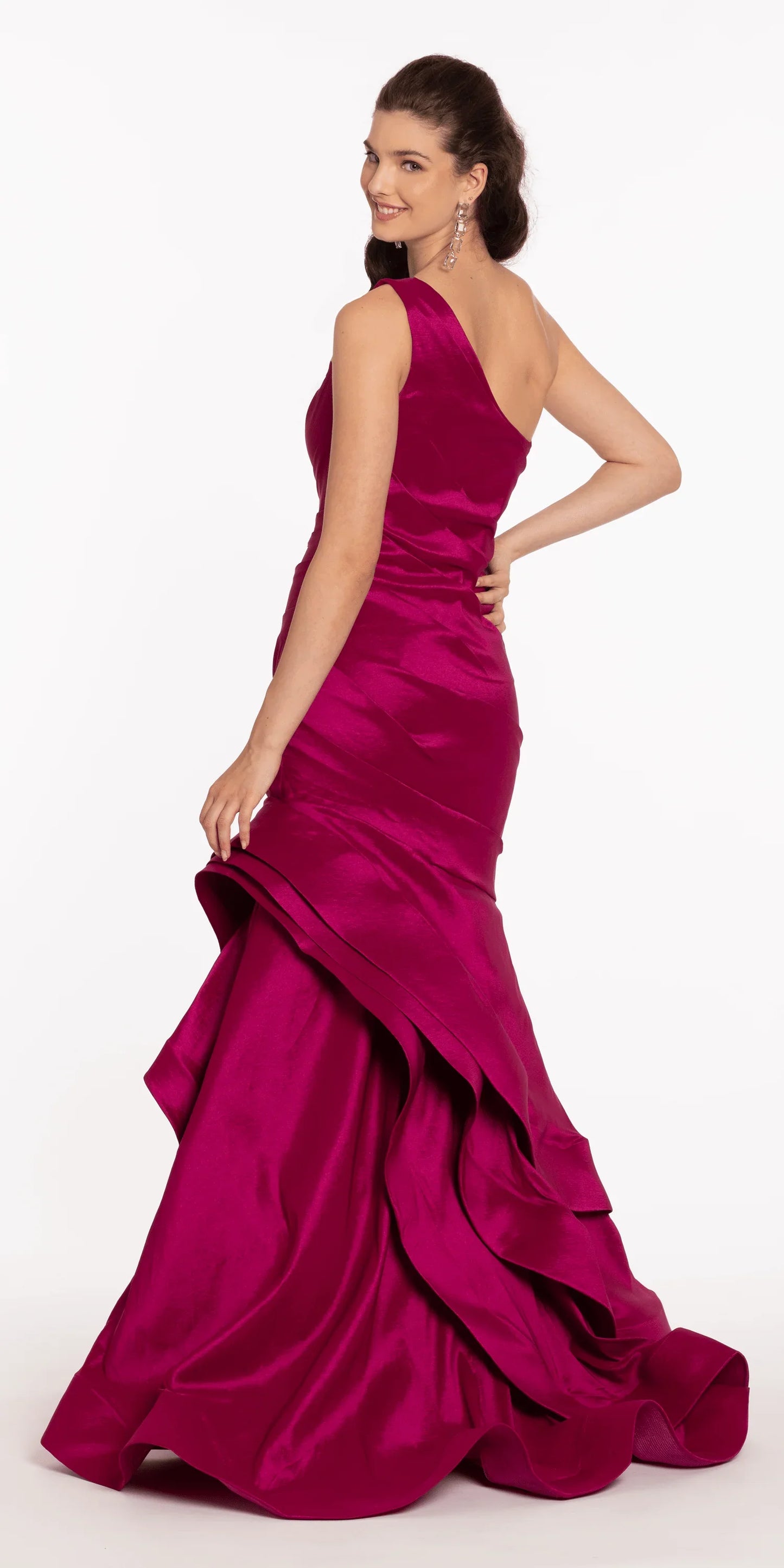 magenta/size/4/missy/Camille La Vie/One Shoulder Taffeta Tiered Hem Mermaid Dress/back