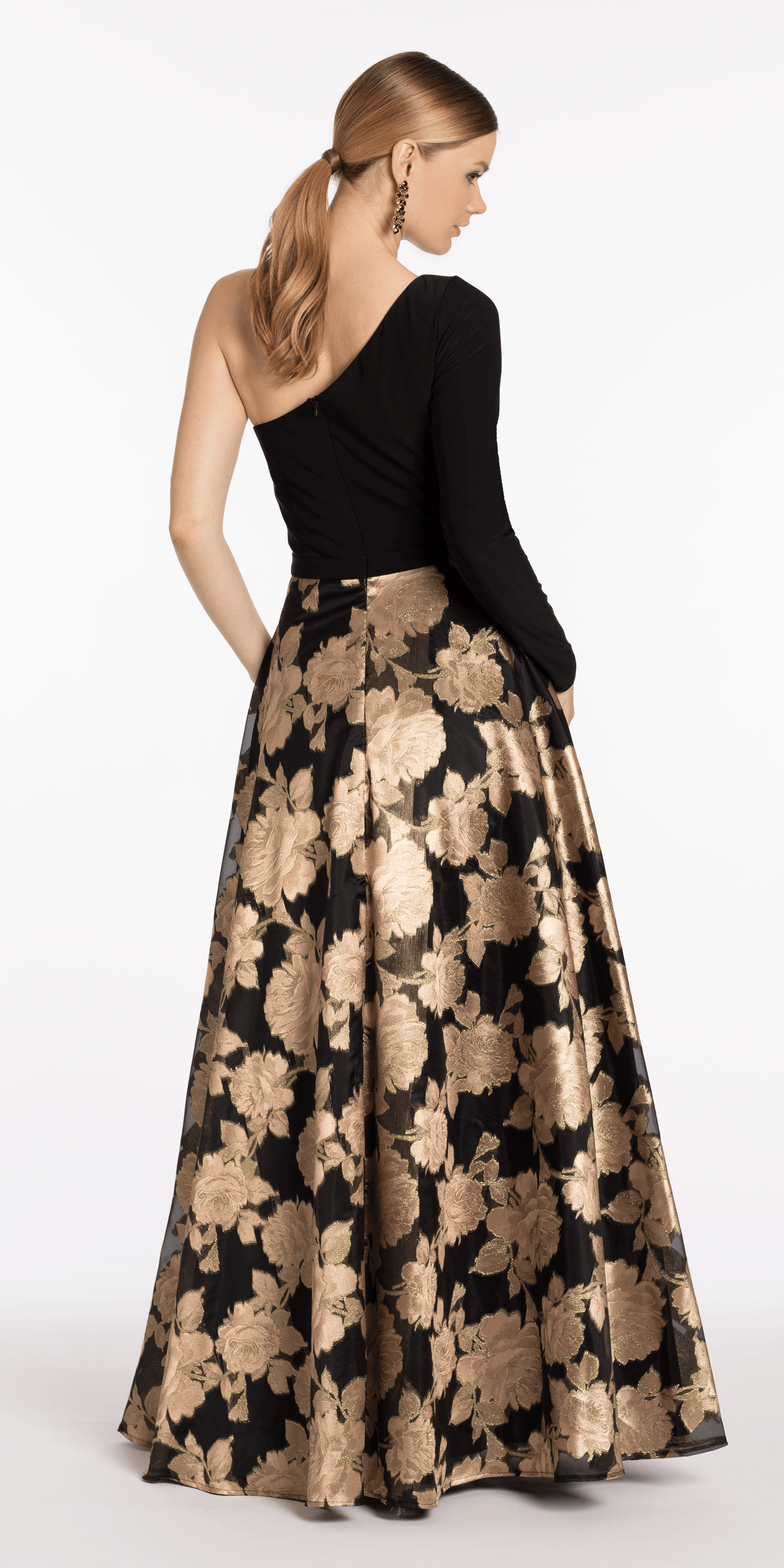 Jersey Jacquard One Shoulder Long Sleeve Ballgown with Pockets - Camille La Vie