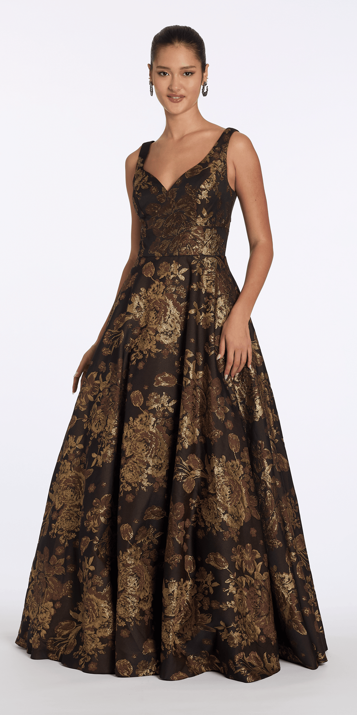 bronze/size/6/missy/Camille La Vie Sweetheart Floral Jacquard Ballgown with Pockets/front