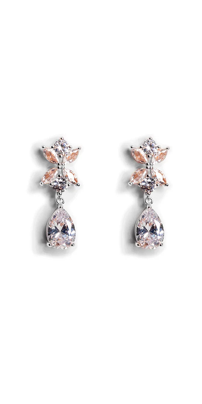 Rhinestone Teardrop Earrings with Leaf Detail - Camille La Vie