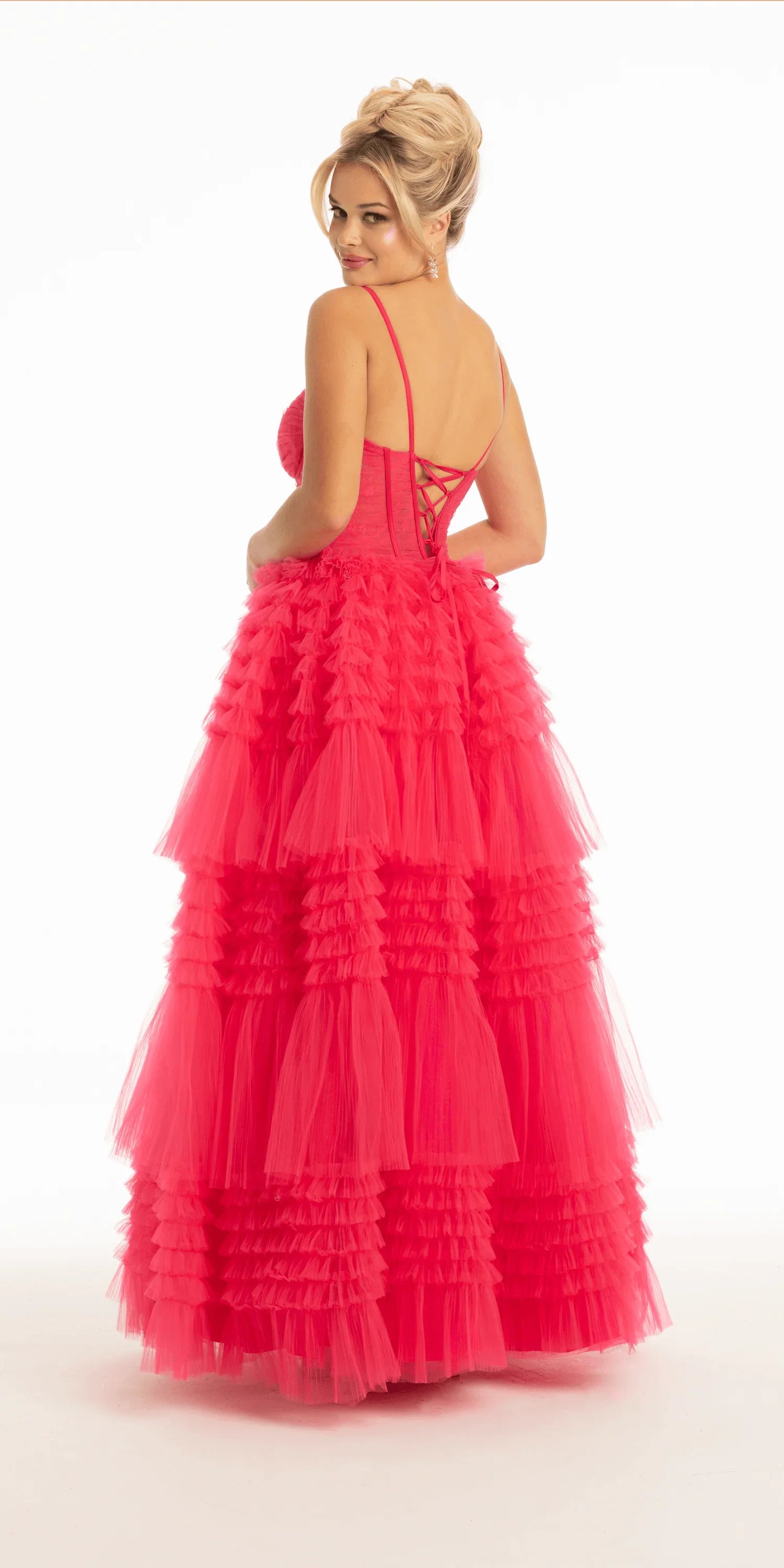 bright-pink/size/4/missy/Camille La vie/Lace Corset Tulle Tiered Ballgown/back