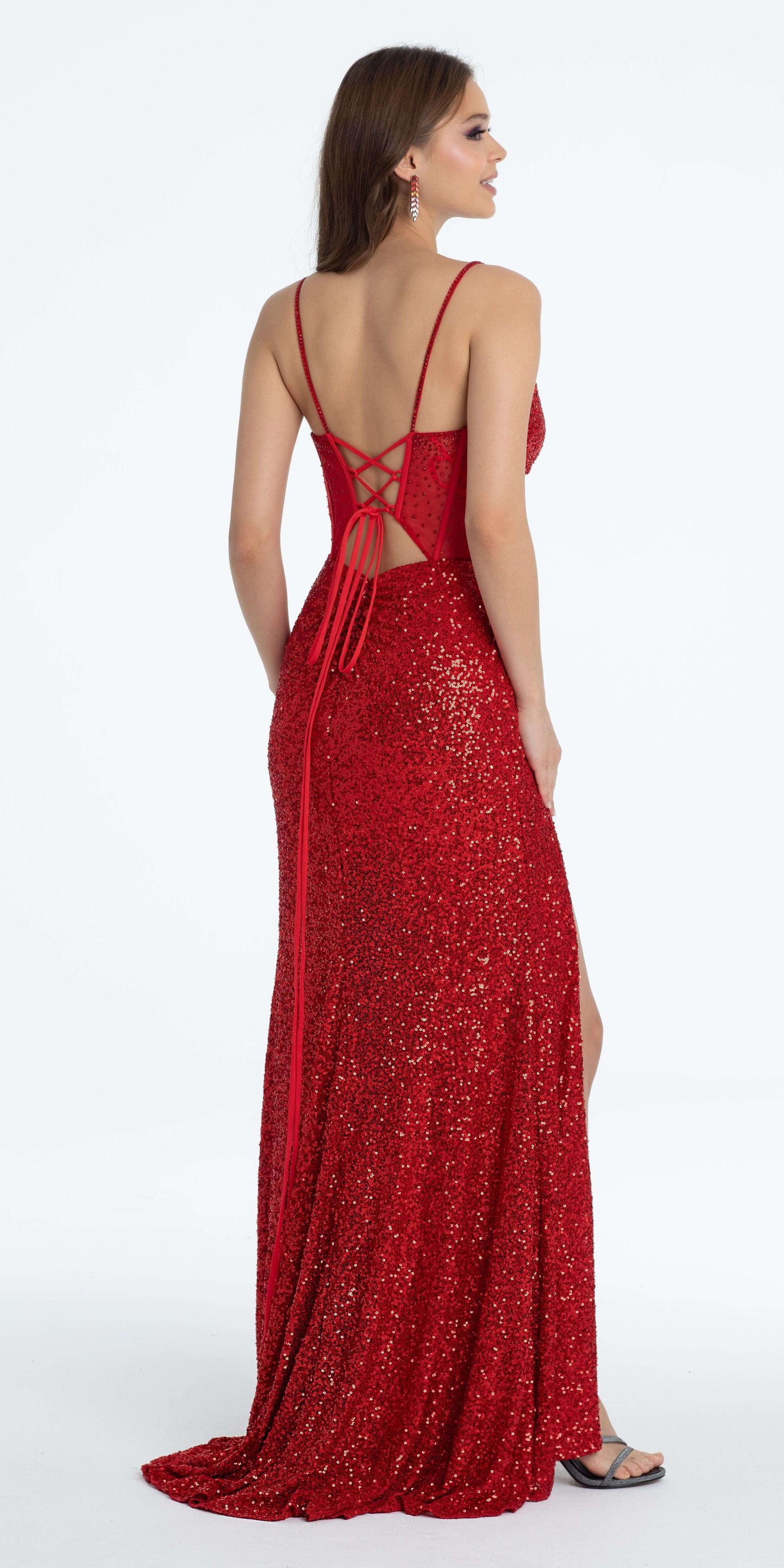 red/size/4/missy/Camille La Vie/Illusion Sequin Corset Lace Up Column Dress/back