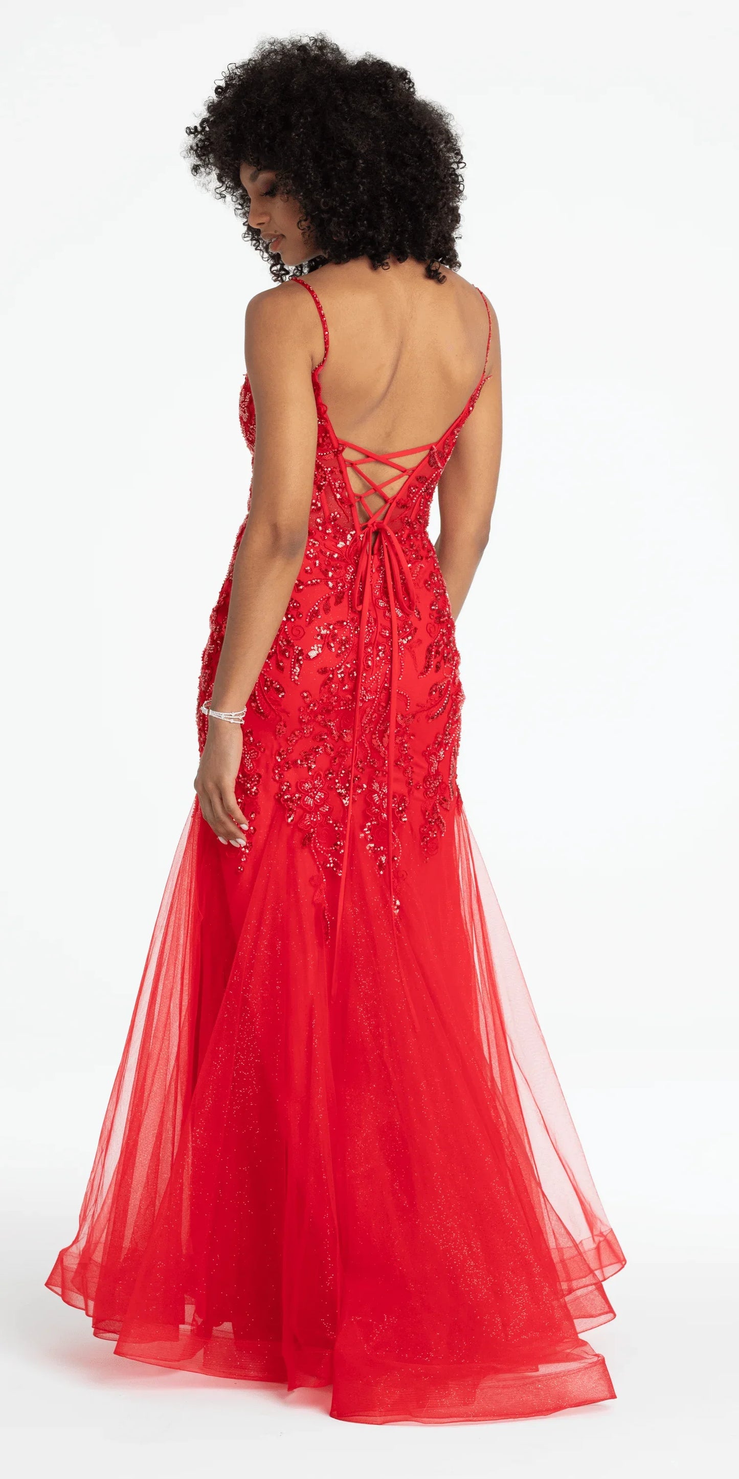 red/size/4/missy/Camille La Vie/Beaded Embellished Plunging Glitter Mermaid Dress with Mesh Godets/back