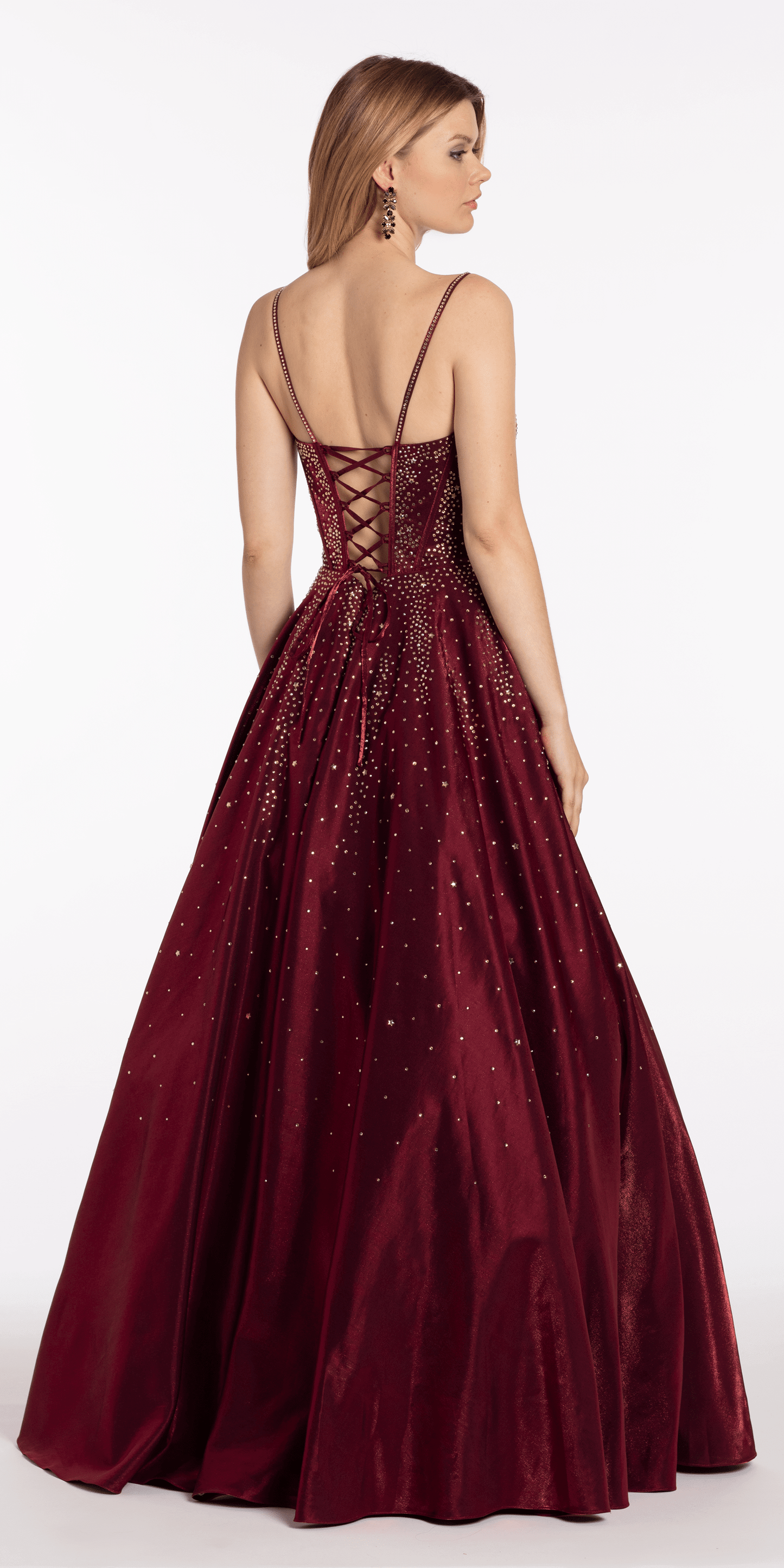 Satin Plunge Corset Ballgown with Heat Set Stones - Camille La Vie
