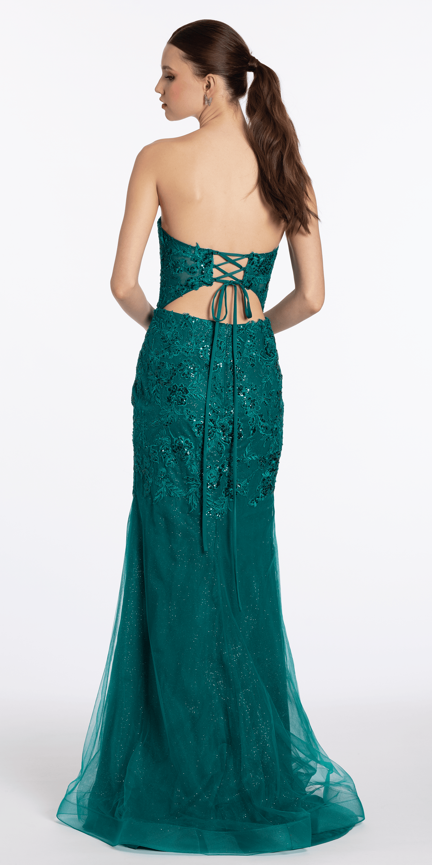 Strappy Back Strapless Embroidered Mesh Corset Column Dress - Camille La Vie