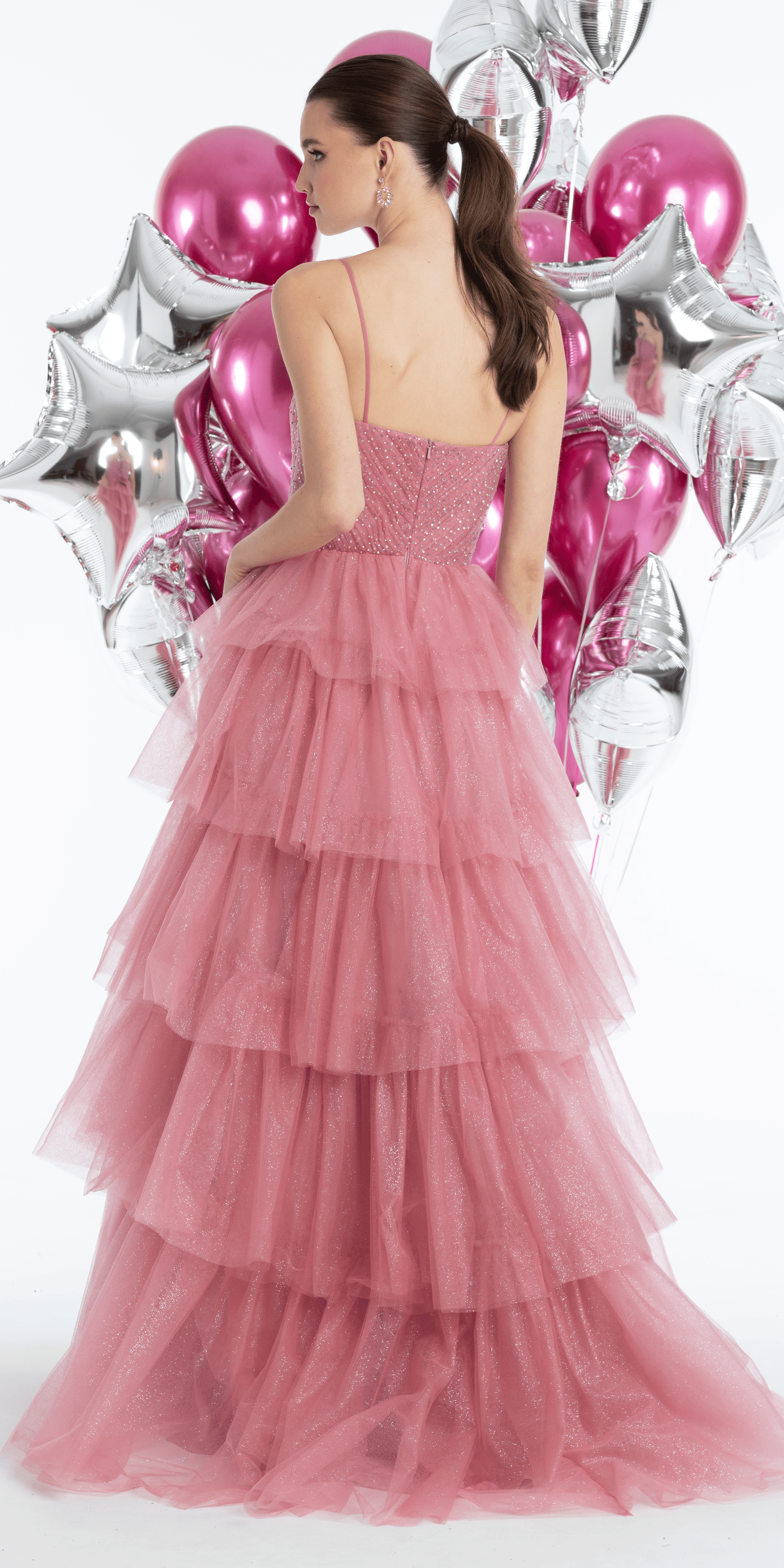 Pleated Peek-a-Boo-Sweetheart Tulle Tiered Ballgown with Heat Set Stones - Camille La Vie