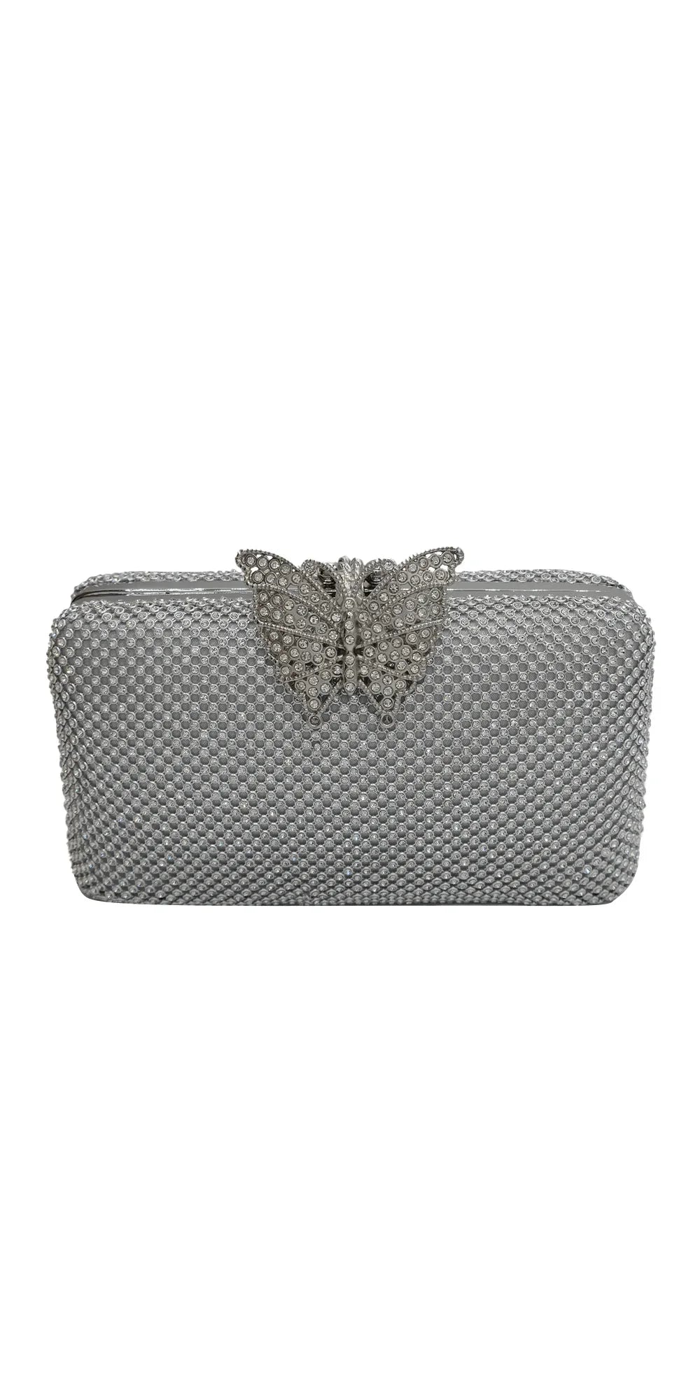 silver/no size/Camille La Vie/Mesh Rhinestone Handbag with Butterfly Top Clasp/front