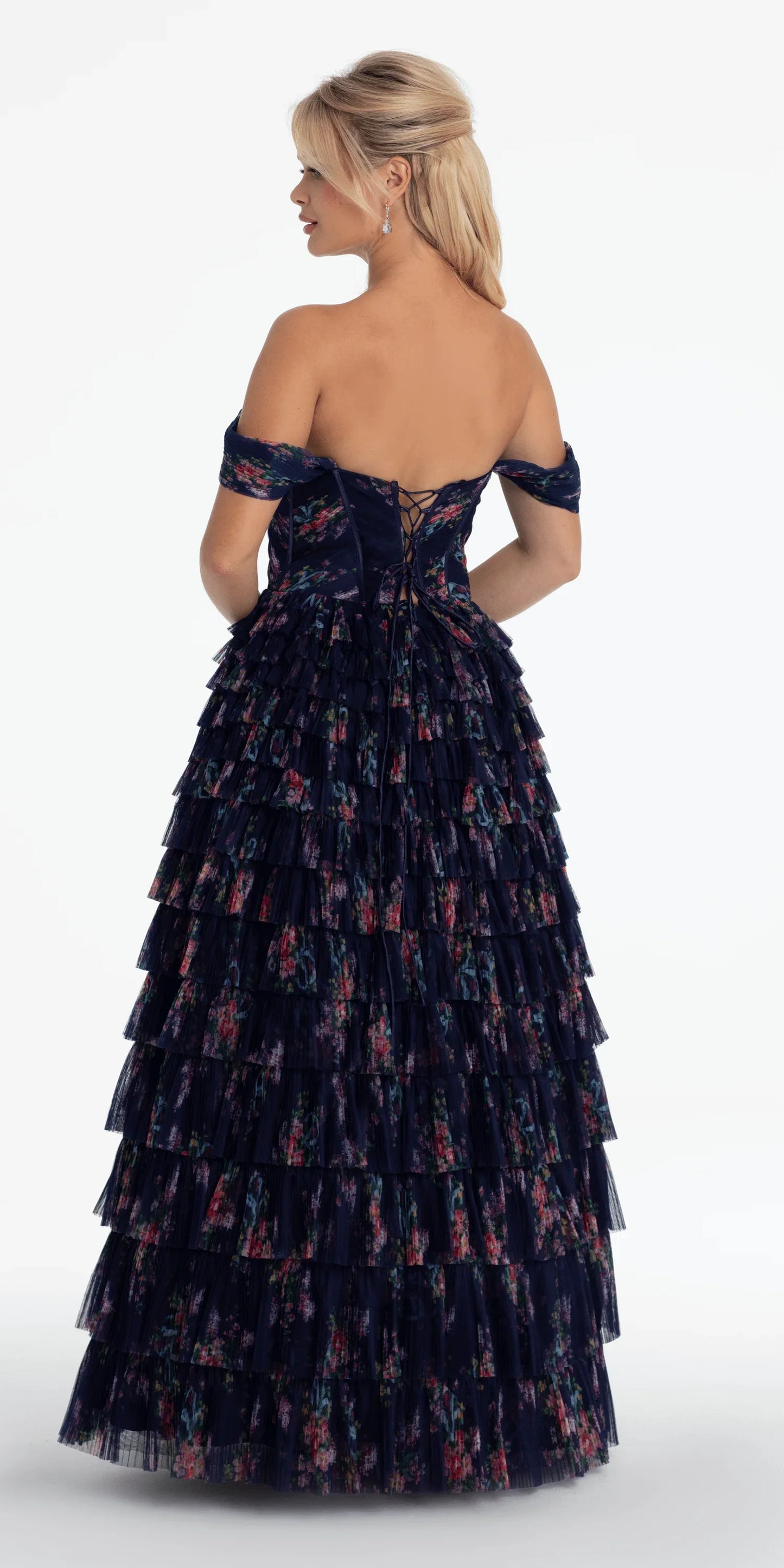 navy/size/4/missy/Camille La Vie/Print Mesh Off the Shoulder Tiered Corset Ballgown/back