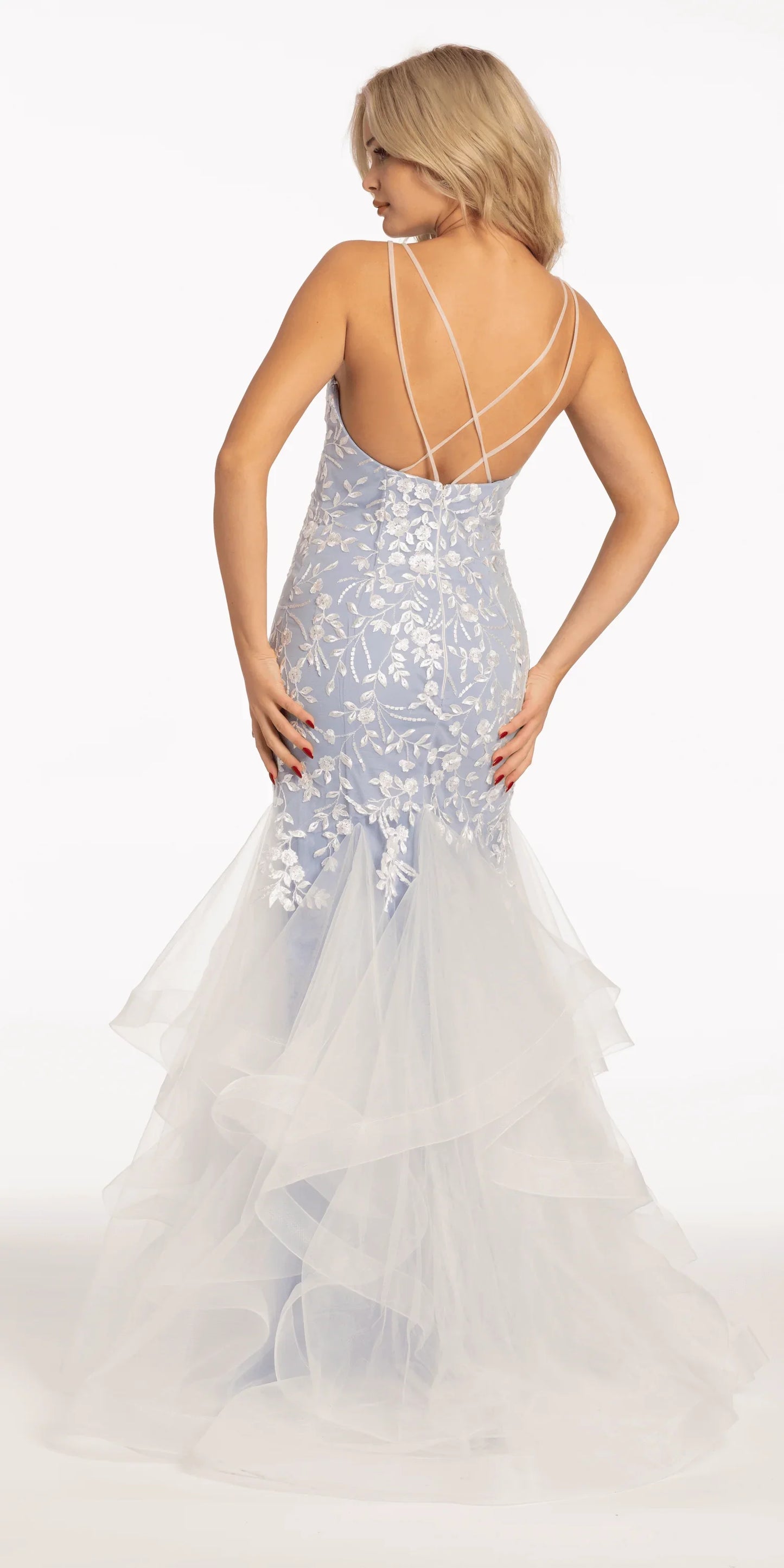 ivory-light-blue/size/4/missy/Camille La Vie/Strappy Back Embroidered Tiered Mermaid Dress/back