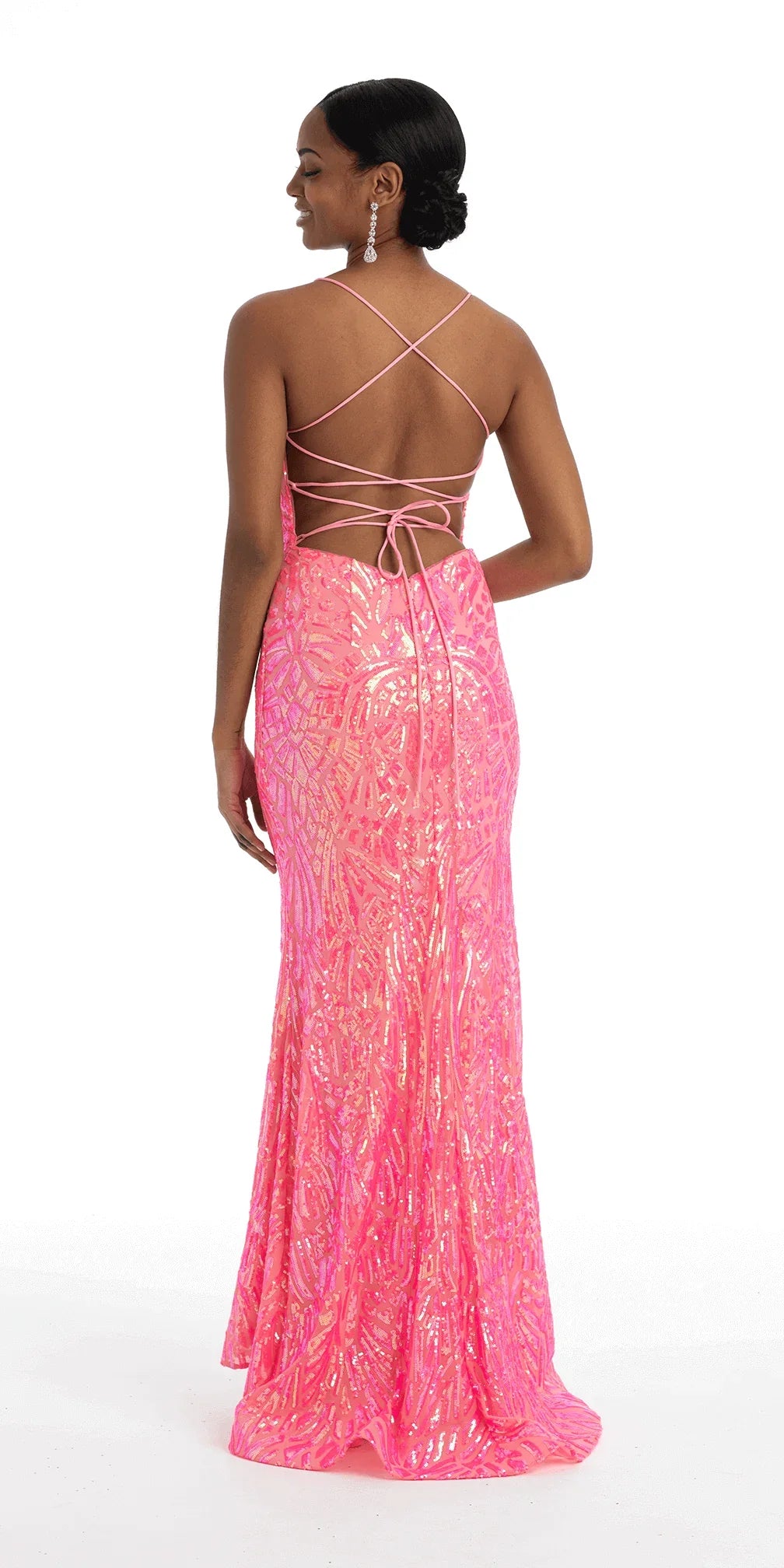 bright-pink/size/4/missy/Camille La Vie /Abstract Sequin Lace Up Back Trumpet Dress /back