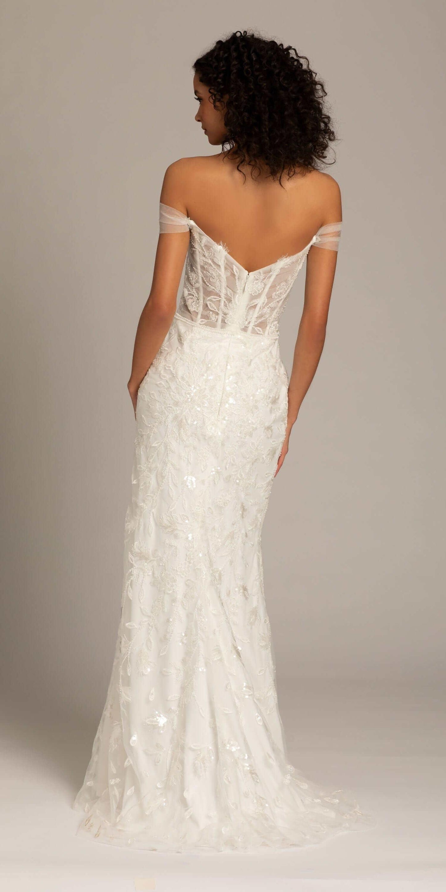 ivory/size/4/missy/Camille La Vie/Off the Shoulder Tulle Plunging Beaded Trumpet Dress /back
