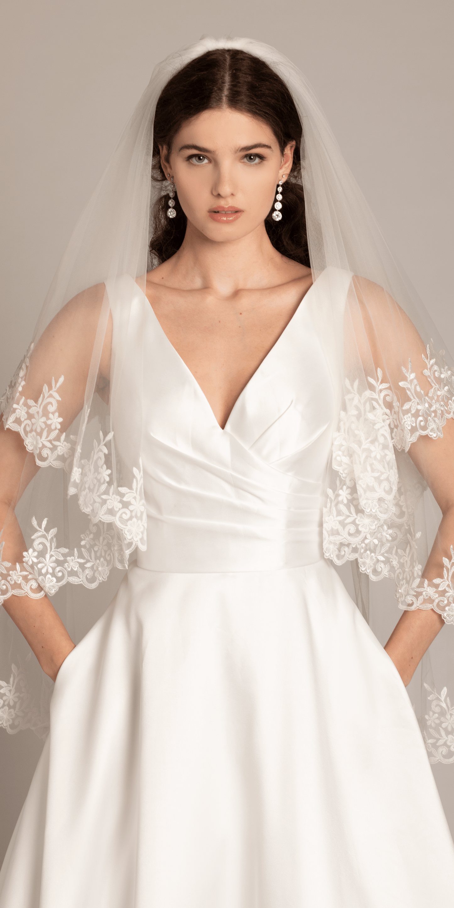 2 Tier Mesh Fingertip Veil with Pearl Appliques - Camille La Vie
