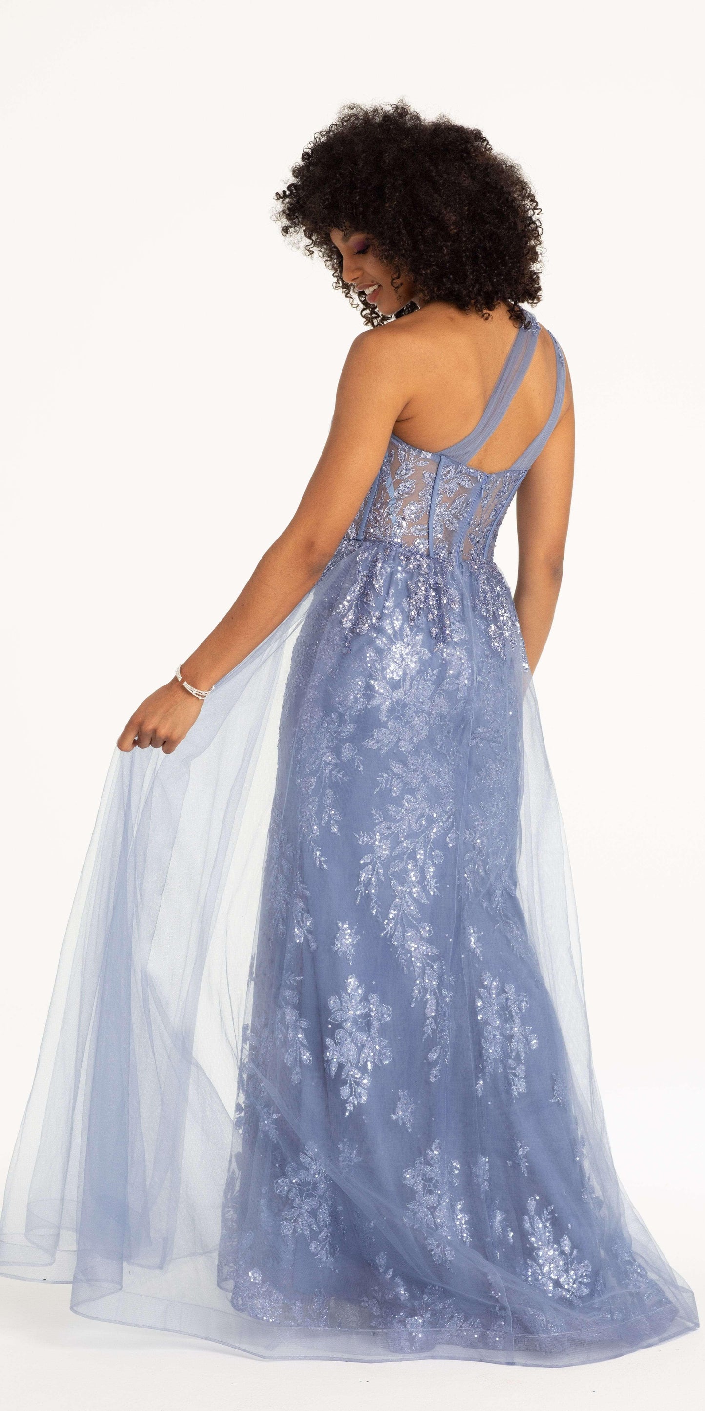 One Shoulder Floral Glitter Column Dress with Hostess Skirt - Camille La Vie