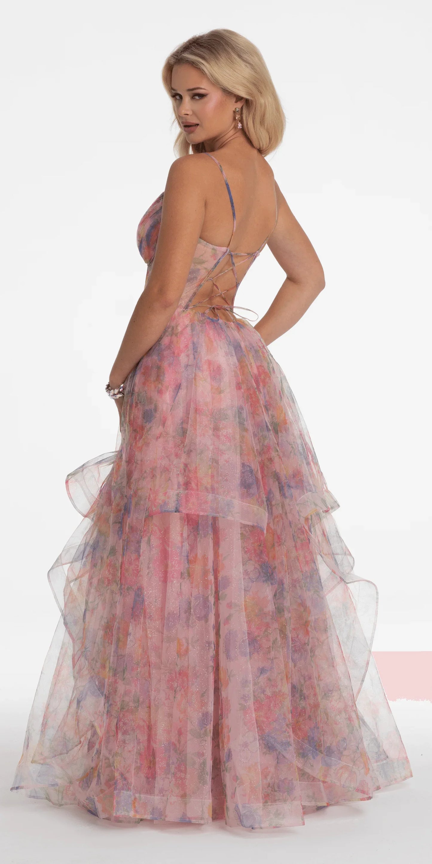 peach/size/4/missy/Camille La Vie/Floral Sweetheart Tiered Lace Up Back Corset Ballgown/back