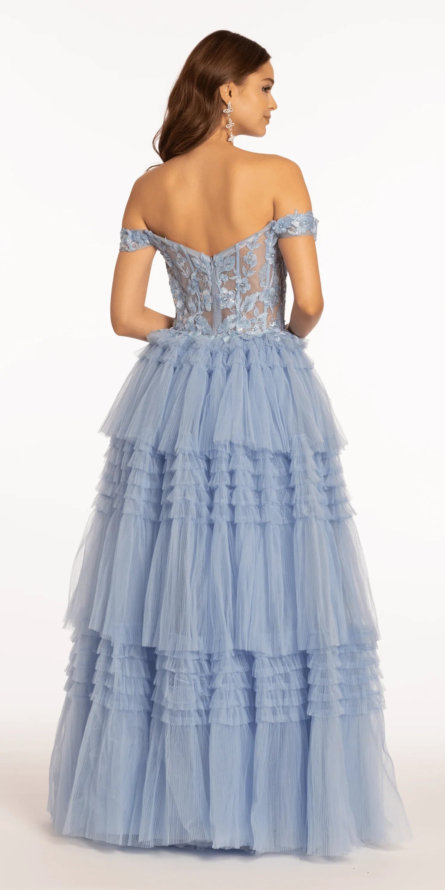 baby-blue/size/4/size/missy/Camille La Viele La Vie/Off the Shoulder Mesh Applique Tiered Ballgown/back