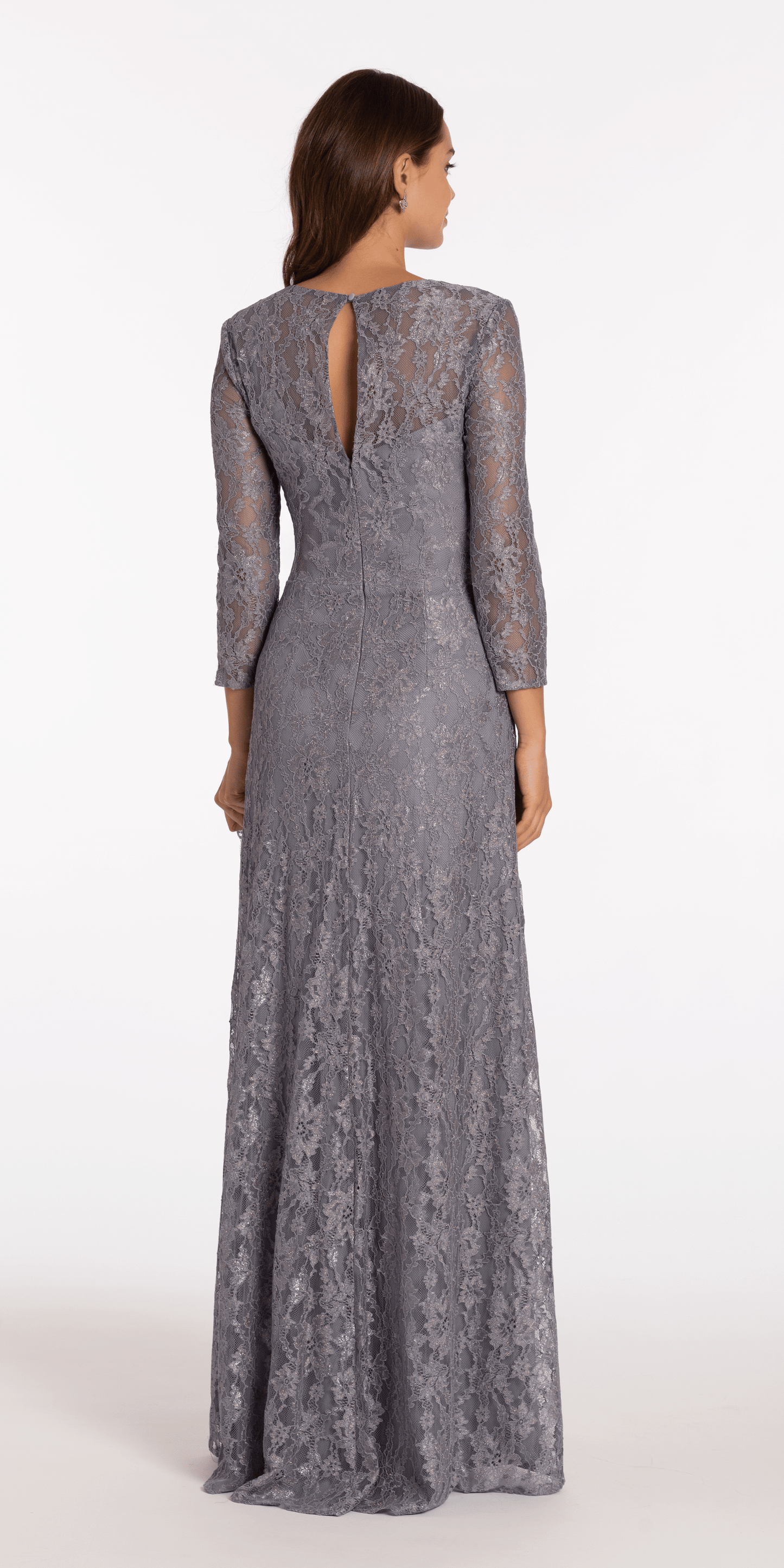 Lace V Neck 3/4Sleeve Column Dress with Ruching - Camille La Vie