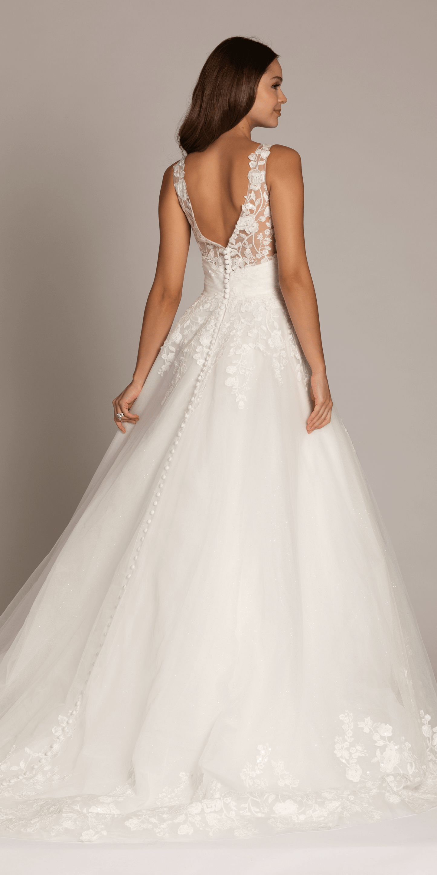 ivory/size/4/missy/Camille La Vie/Tulle V Neck Ballgown with Floral Applique Hemline and Pockets /back