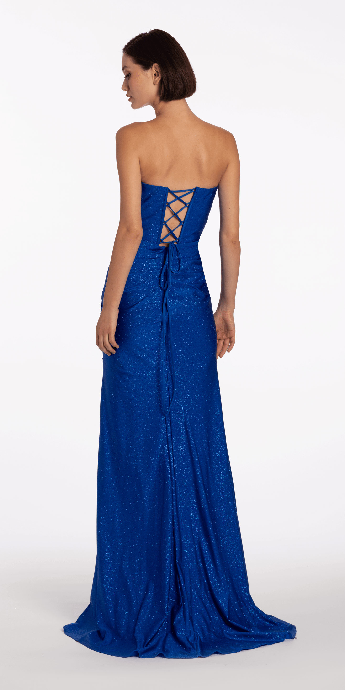 Strapless Sweetheart Glitter Corset Column Dress with Exaggerated Slit - Camille La Vie