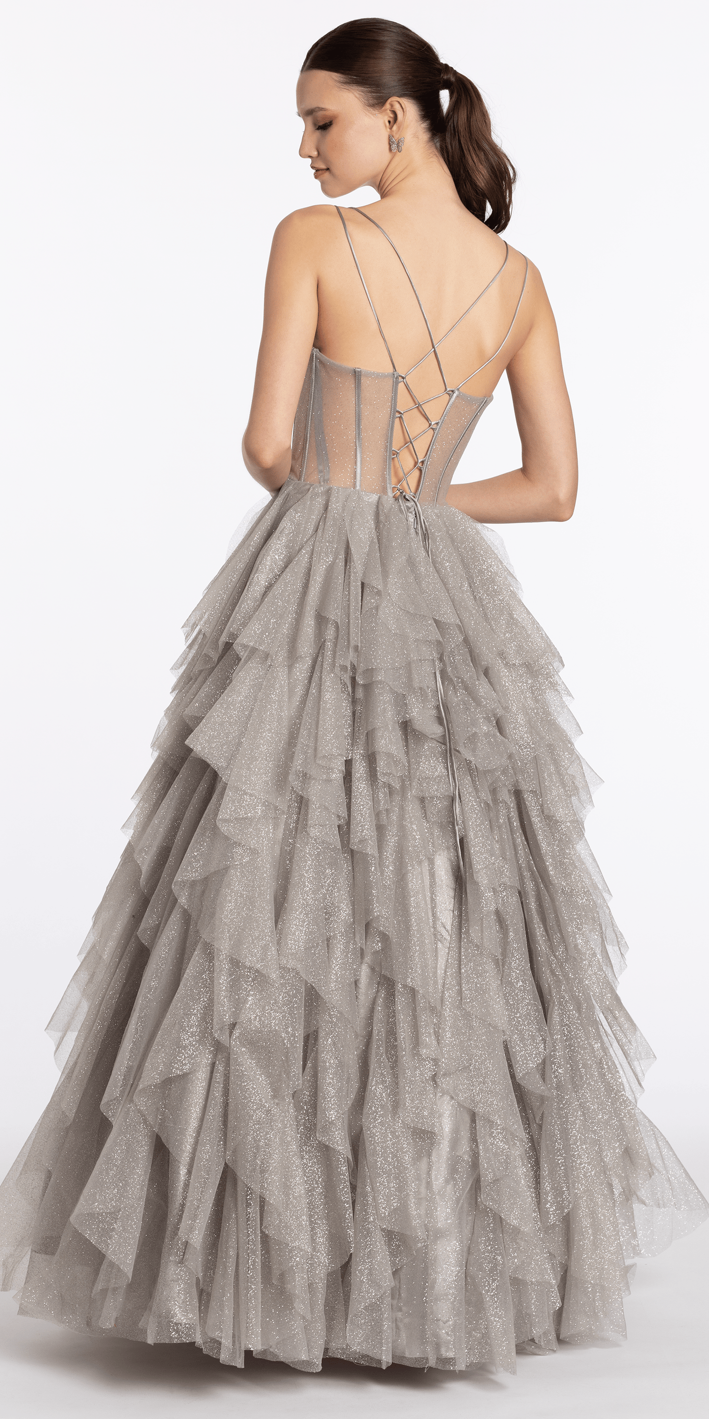 Strappy Back Rhinestone Corset Glitter Tulle Ballgown - Camille La Vie