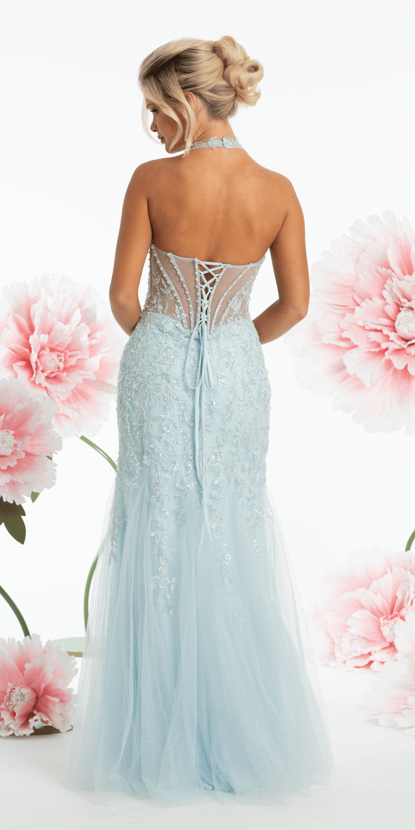 Mesh Halter Mermaid Corset Dress with 3D Florals and Pearl Detail - Camille La Vie
