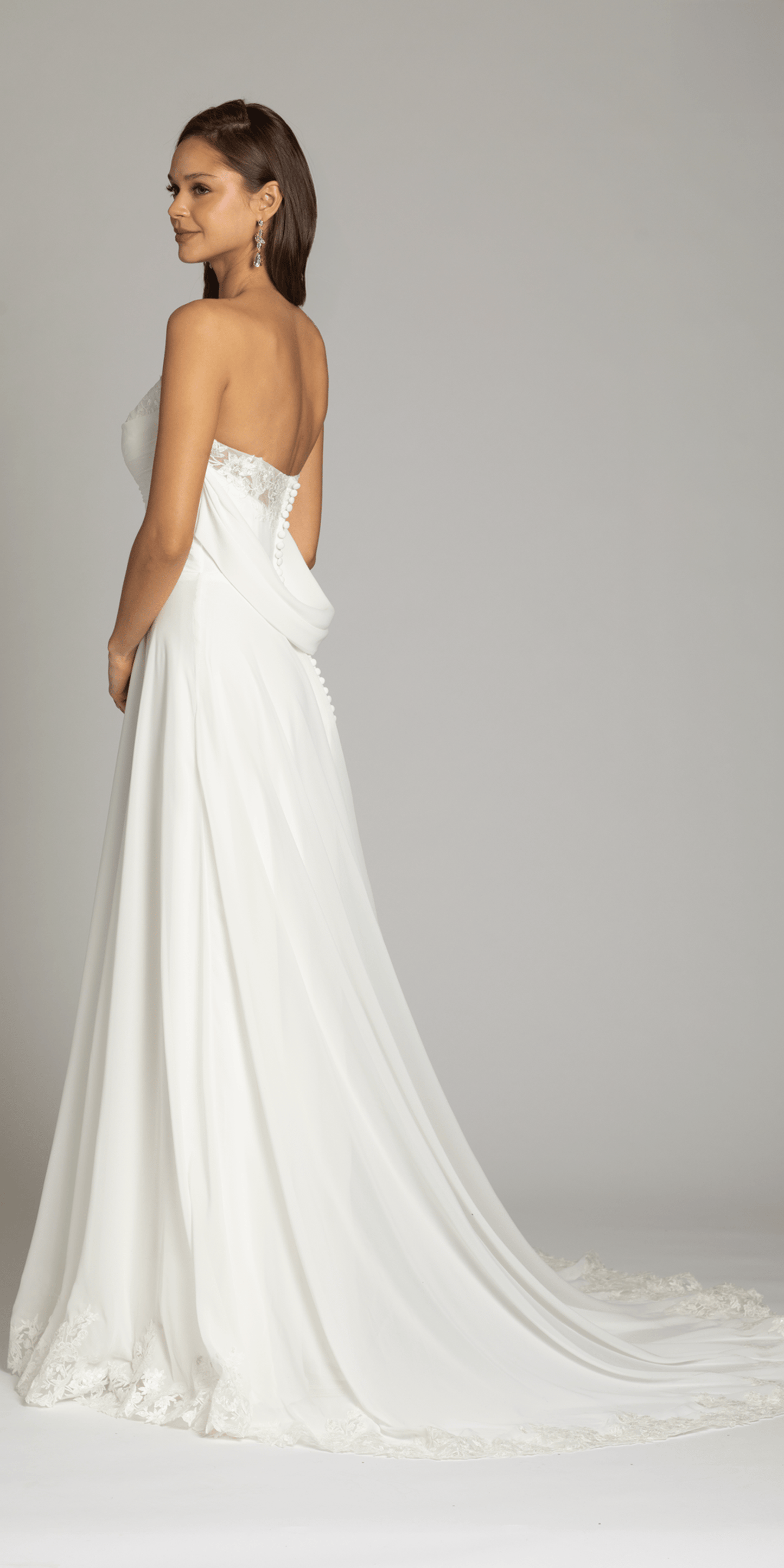 Strapless Chiffon Drape A Line Dress with Applique Hem - Camille La Vie