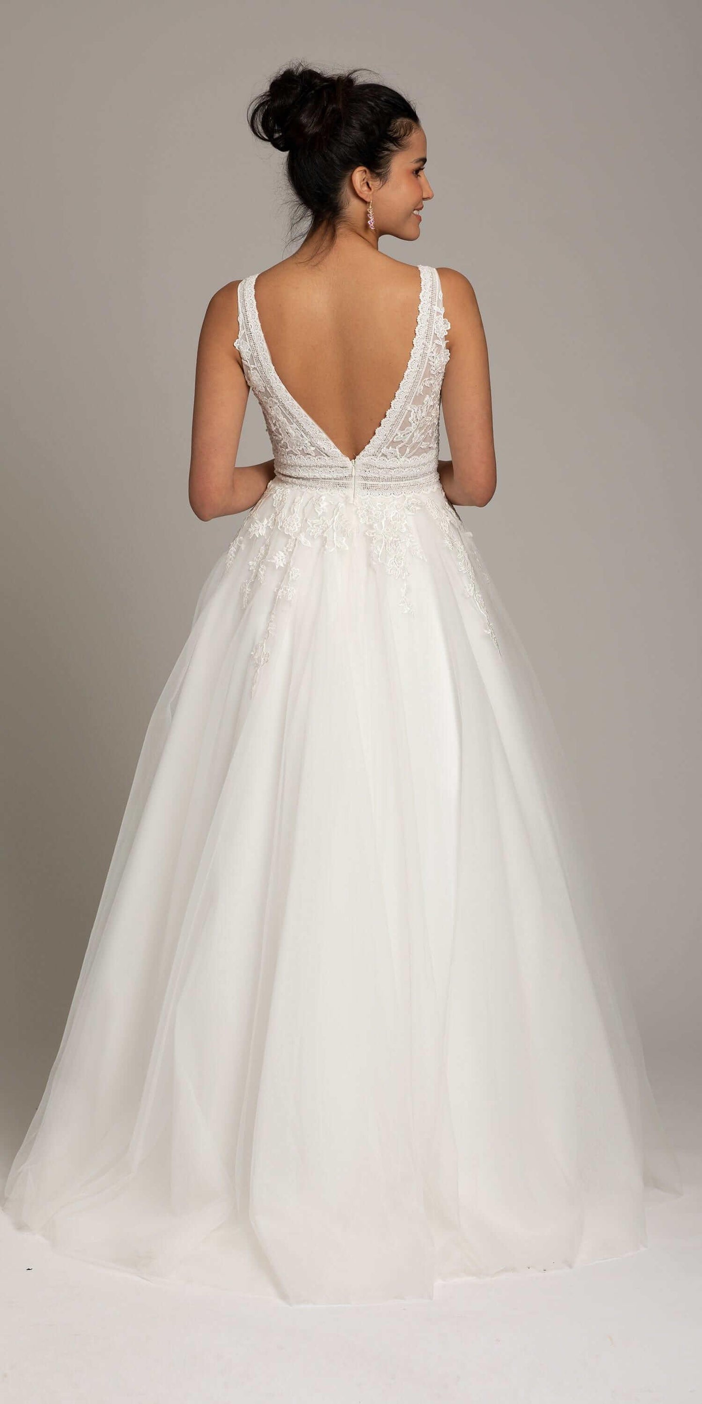 ivory/size/4/ missy/Camille La Vie/Plunging Crochet Lace V Back Ballgown/back