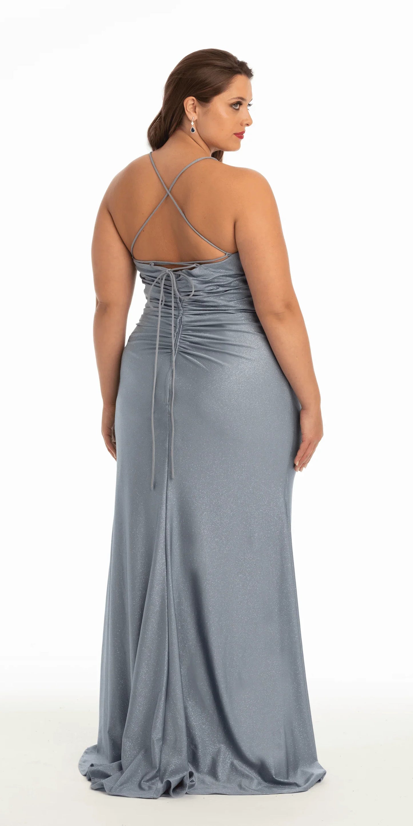 dusty-blue/size/14/plus/Camille La Vie/Glitter Sweetheart Lace Up Back Dress with Side Ruching /back