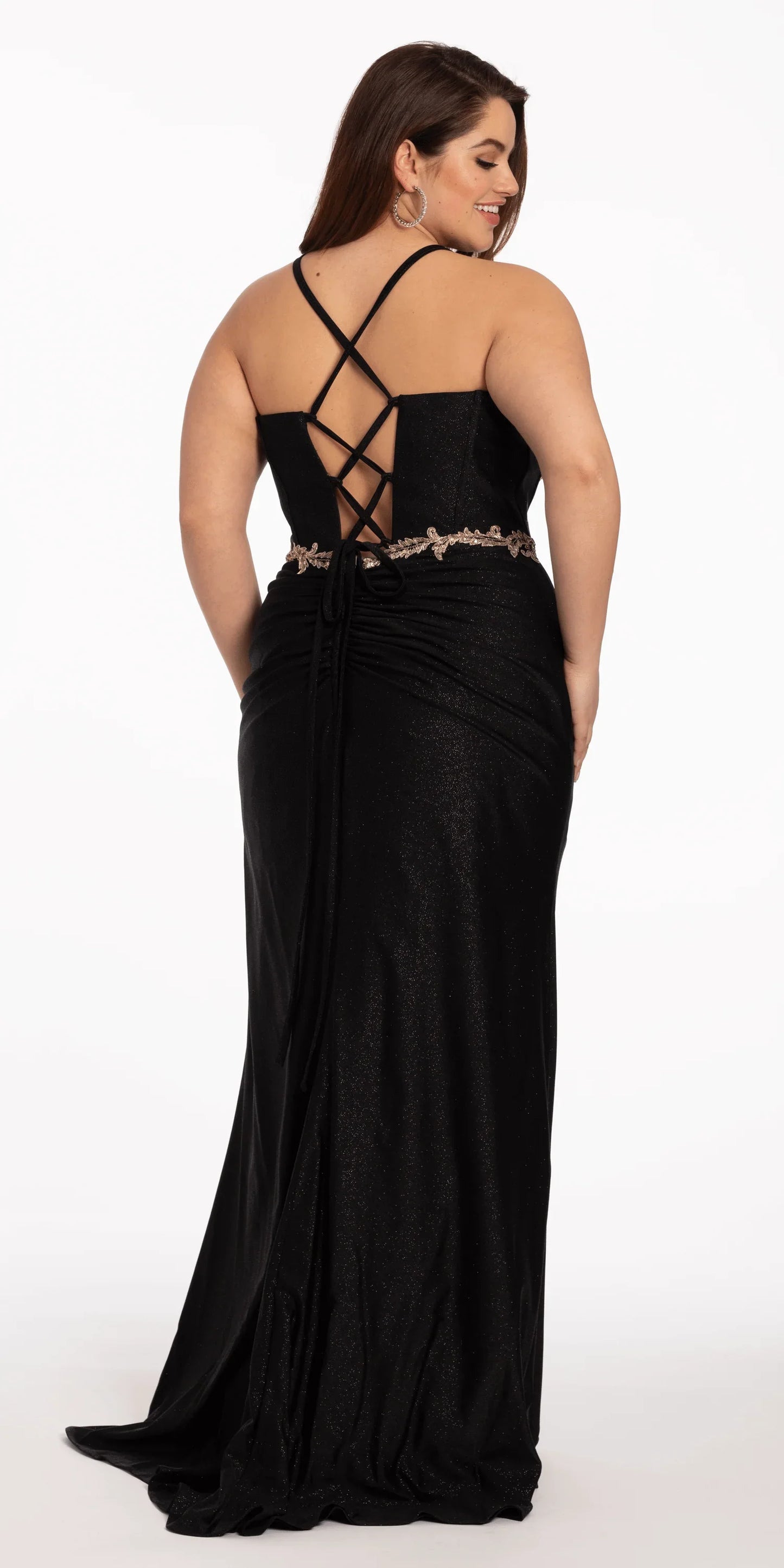 black-gold/size/14/plus/Camille La Vie/Glitter Knit Lace Up Back Dress with Side Slit/back