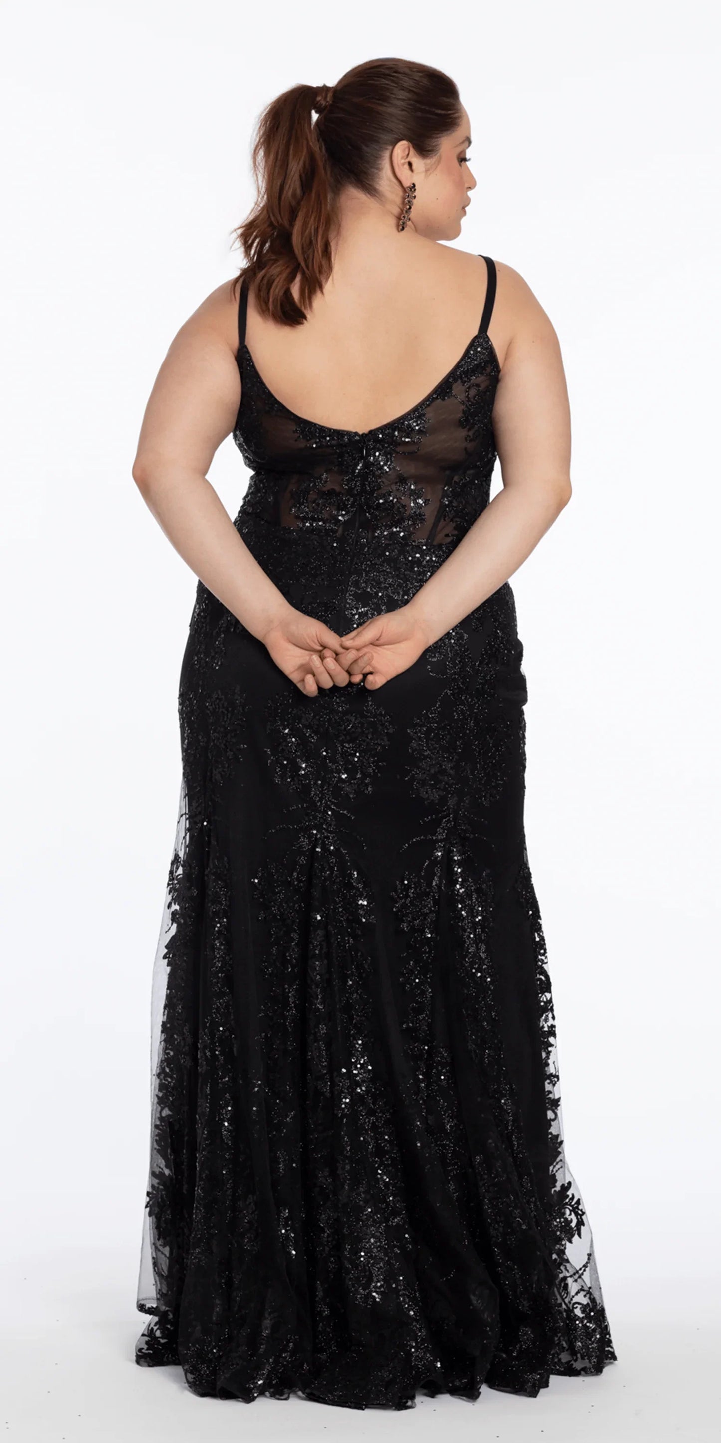 black/size/14/plus/Camille La Vie/Sweetheart Glitter Corset V Back Mermaid Dress/back