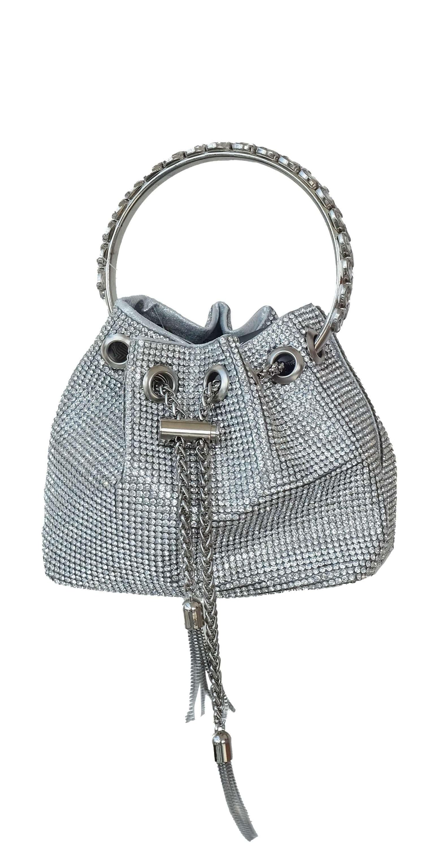 silver/no size/Camille La Vie/Rhinestone Drawstring Bucket Handbag with Metal Handle /front