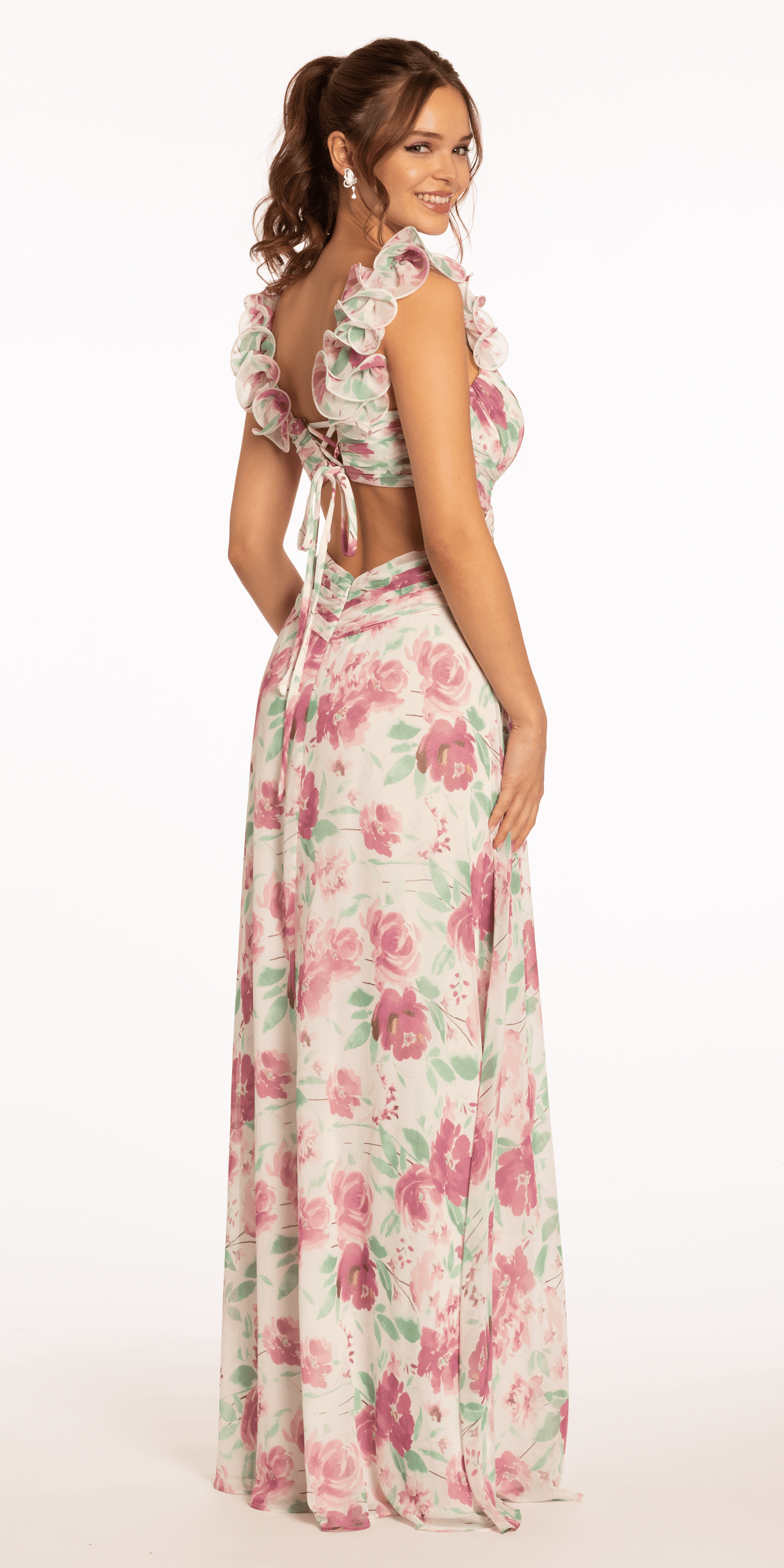 Floral Print Chiffon Lace Up Back Column Dress with Ruching - Camille La Vie