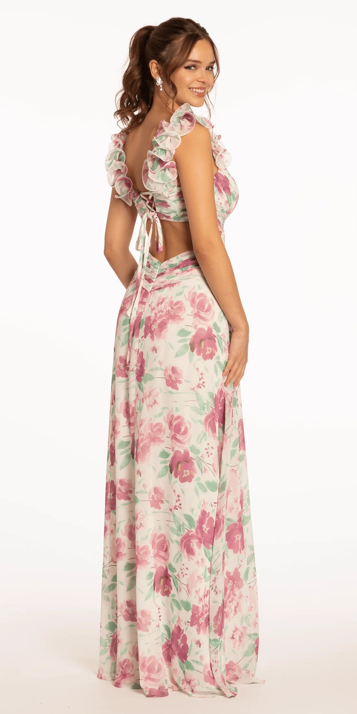 mulberry/size/4/missy/Camille La Vie/Floral Print Chiffon Lace Up Back Column Dress with Ruching /back alt