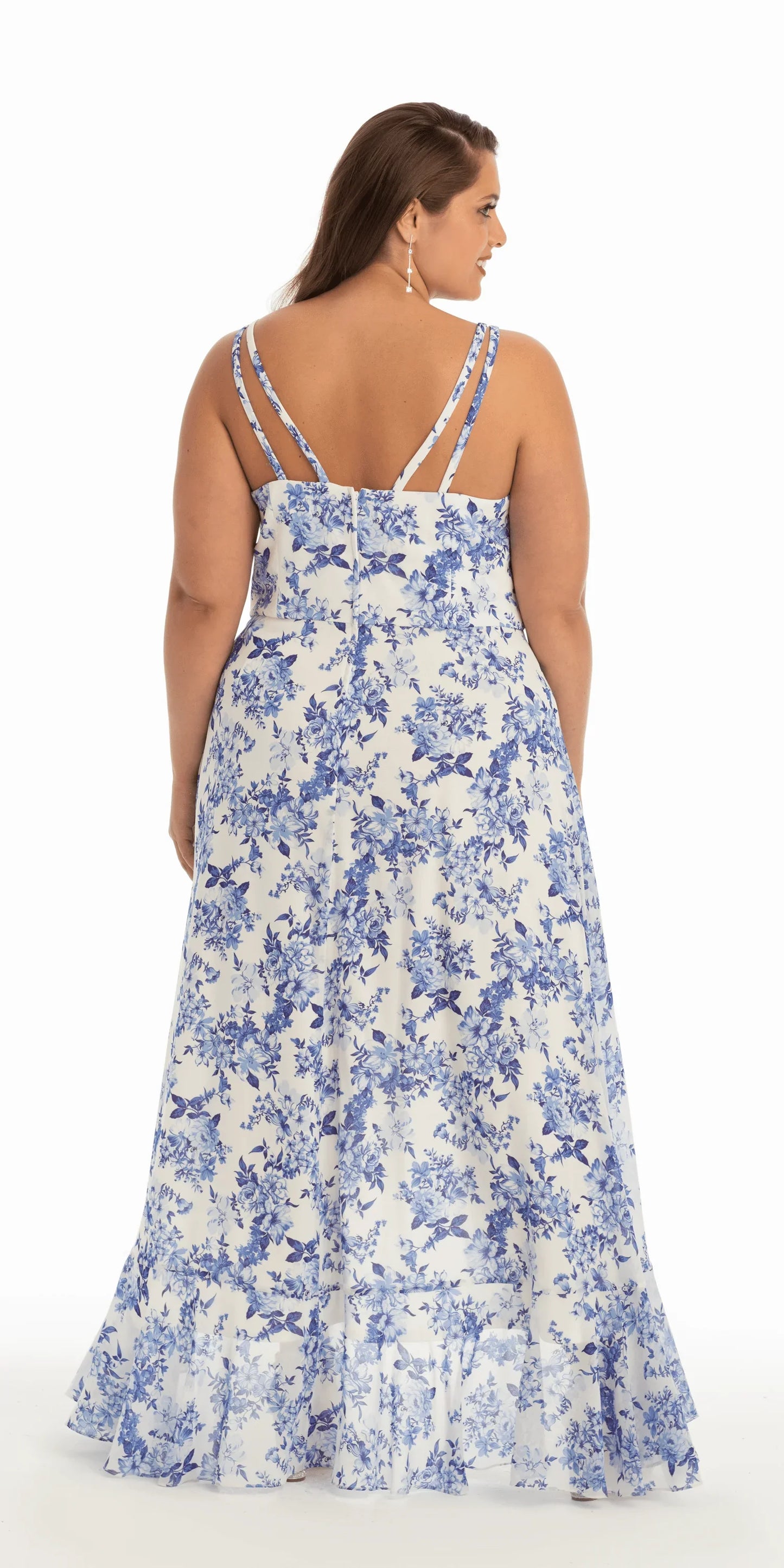white-blue/size/14/plus/Camille La Vie/Ruffle High-Low Chiffon Floral Print Dress /back alt