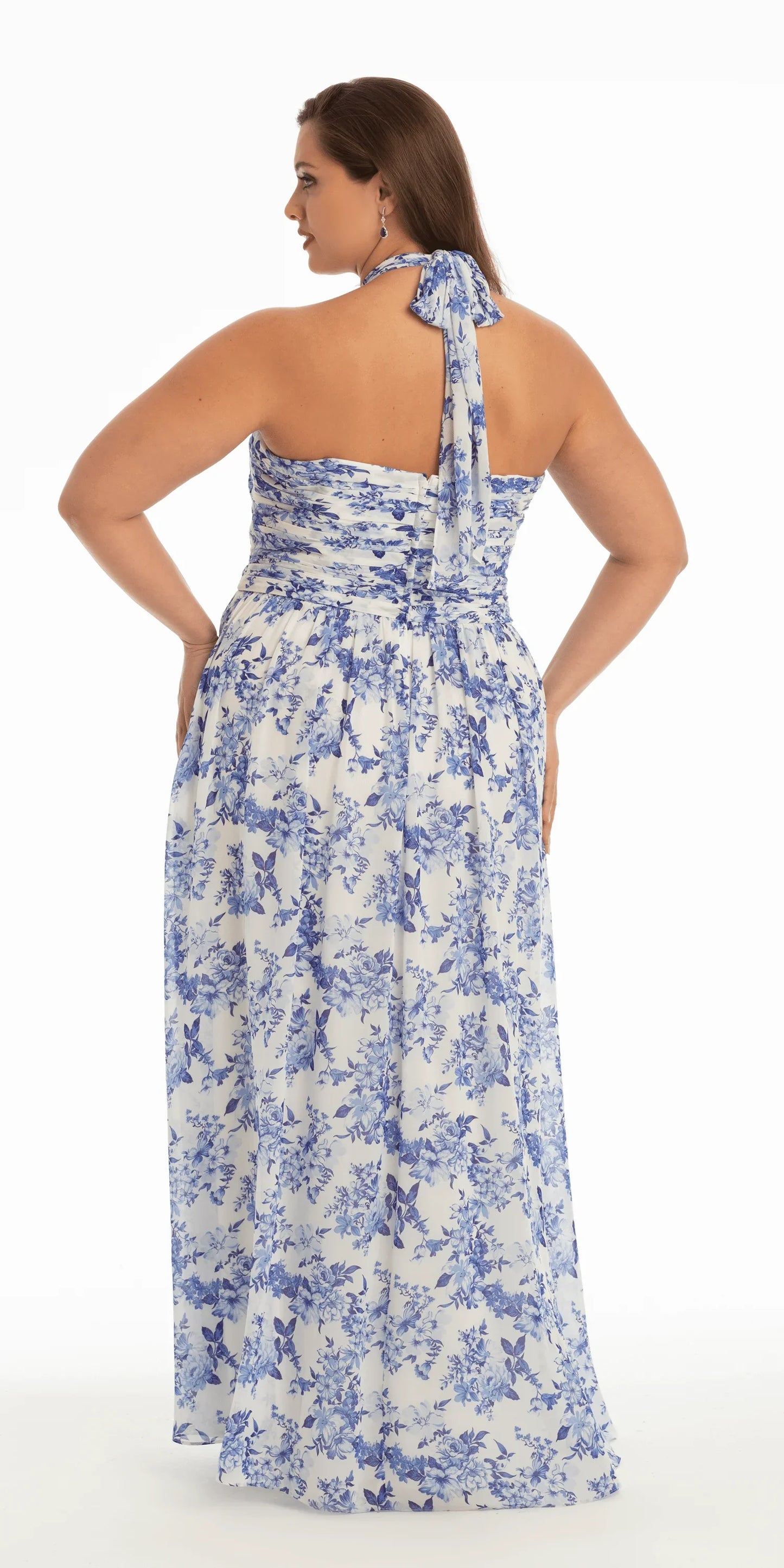 white/blue/size/14/plus/Camille La Vie/Floral Chiffon A Line Halter Dress/back
