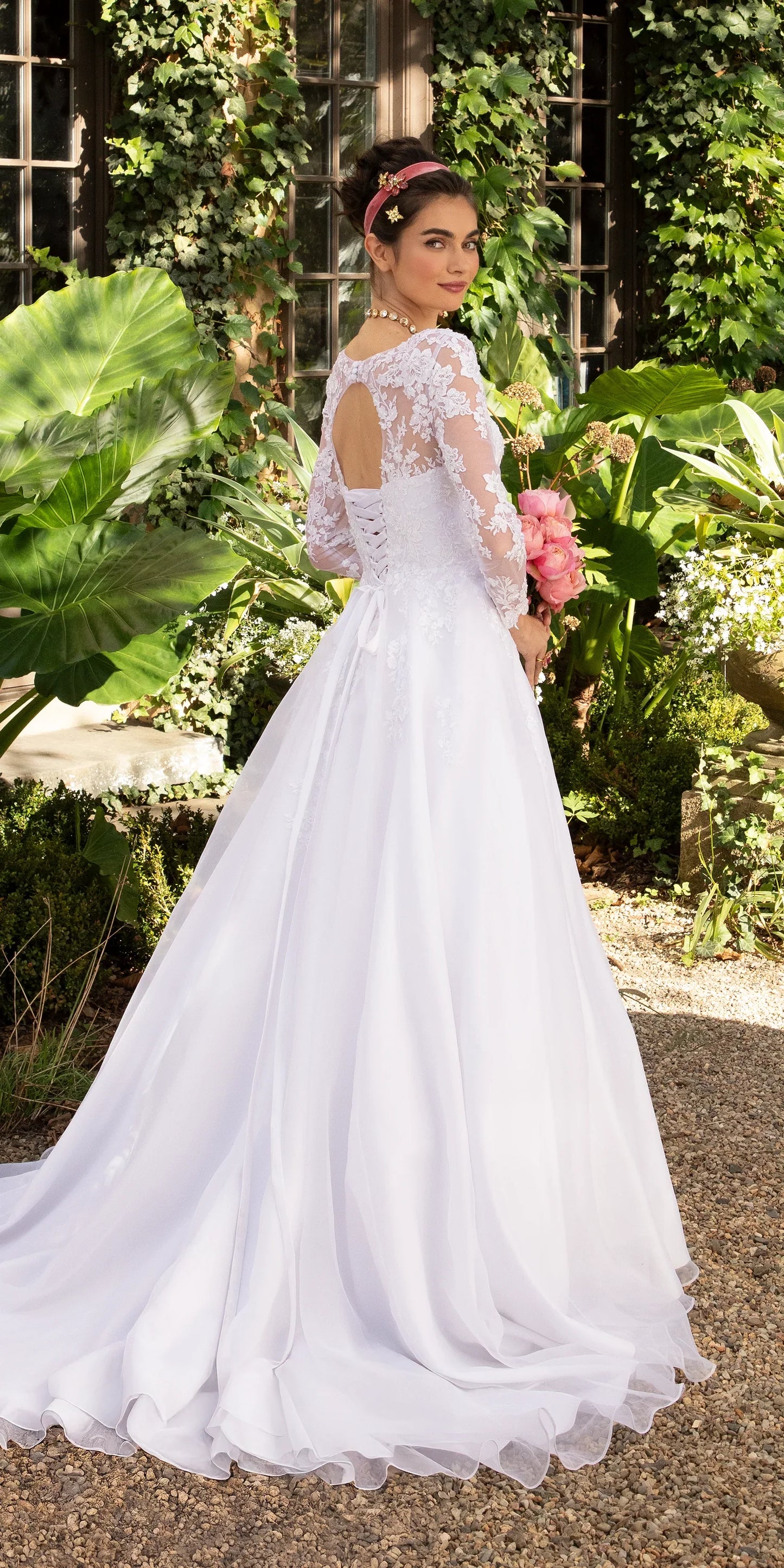 white/size/4/missy/Camille La Vie/Organza V Neck Long Sleeve Lace Up Back Ballgown with Embellished Appliques /back